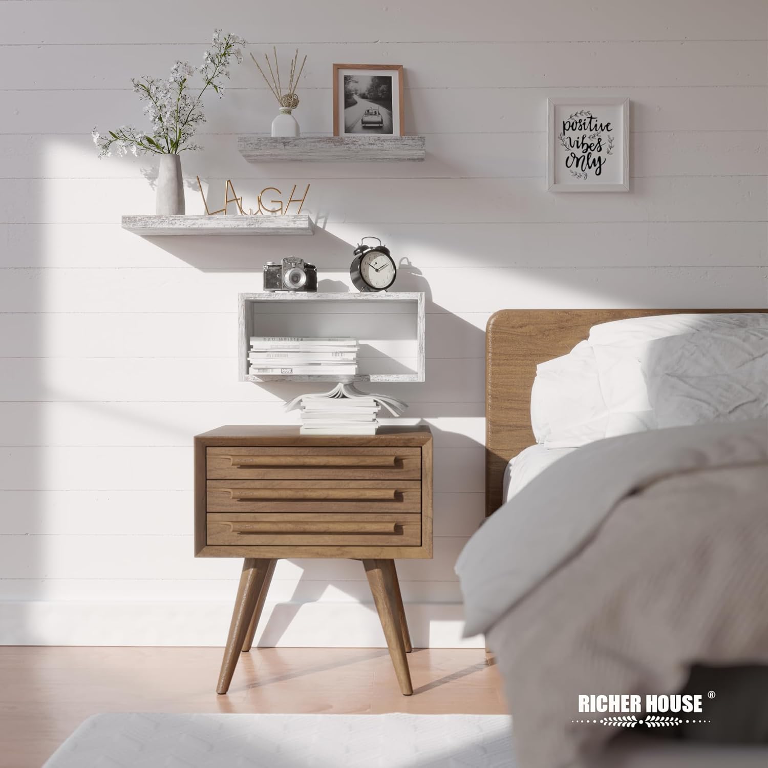 RICHER HOUSE Floating Shelves Set of 3 Rustic White