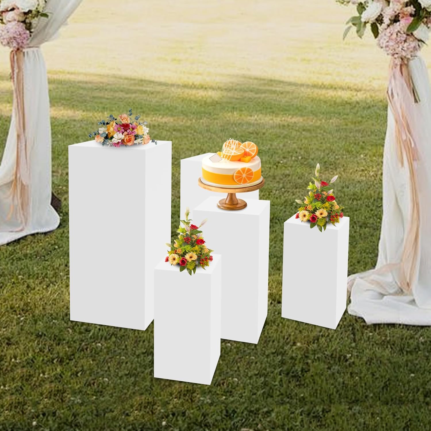 5Pcs Square Display Pedestals White Metal Cakes Dessert Table Stands