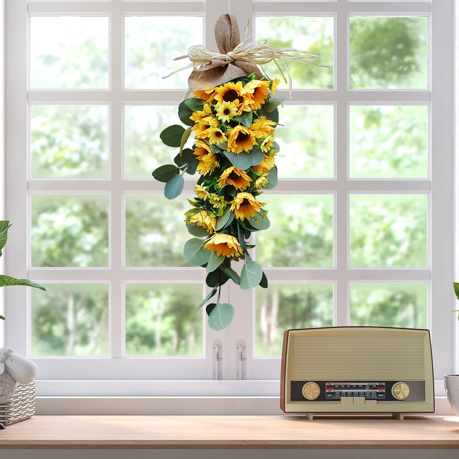 Belupai Sunflower Teardrop Wreath with Eucalyptus Leaves