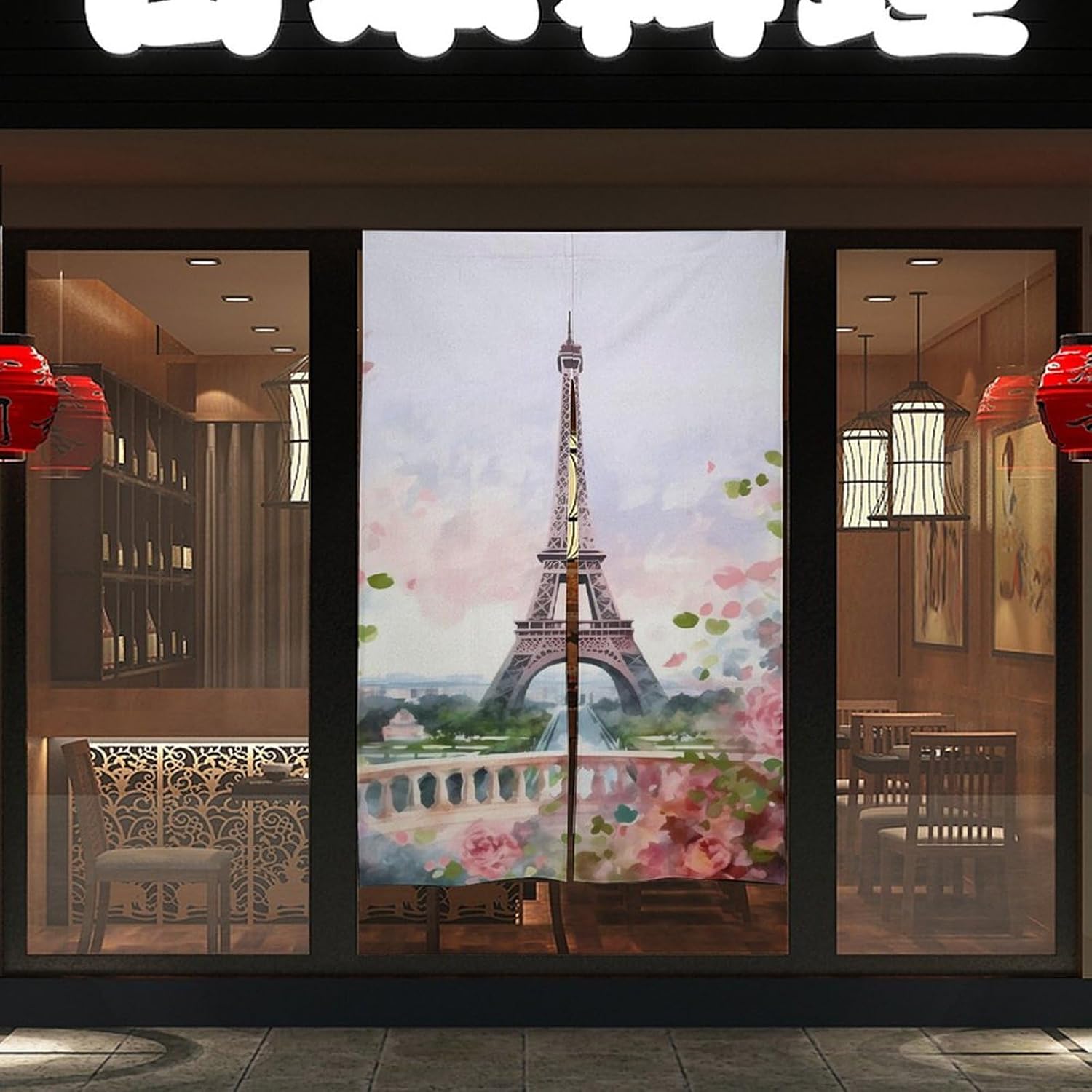 Paris Eiffel Tower Door Curtain with Flowers