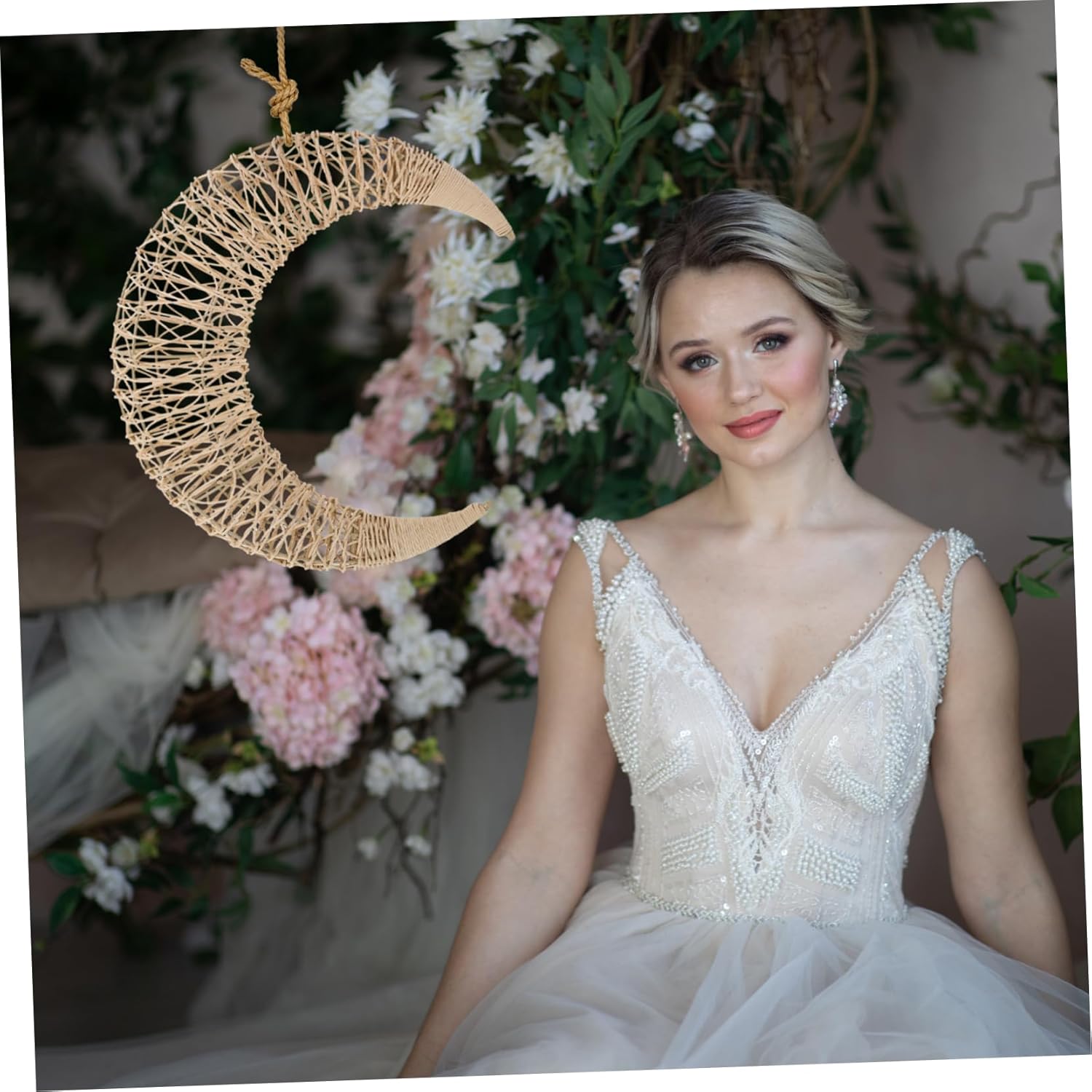 Mobestech Moon Shaped Rattan Hanging Decor Wreath Frame