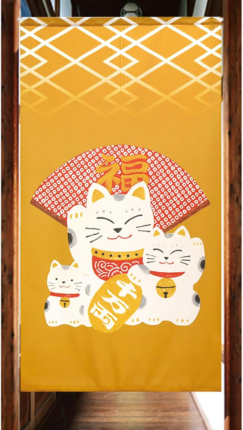 EDOYA Japanese Doorway Curtain with Animal Design Lucky Cat Yellow