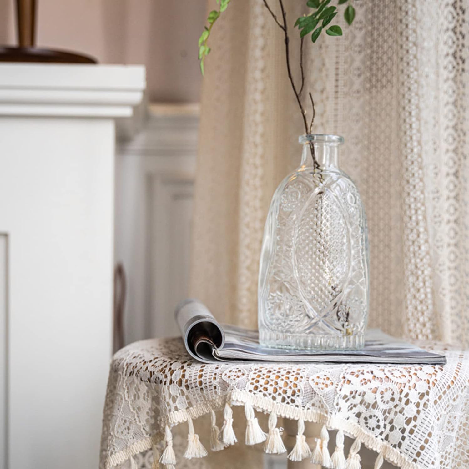 Boho Sheer Lace Curtain with Macrame Tassel