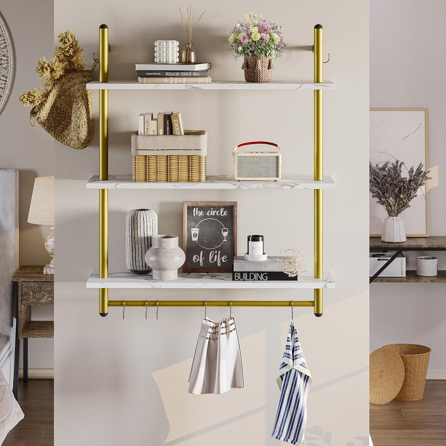 Bestier 31 Inch 3 Tier Floating Wall Shelf with 8 Hooks