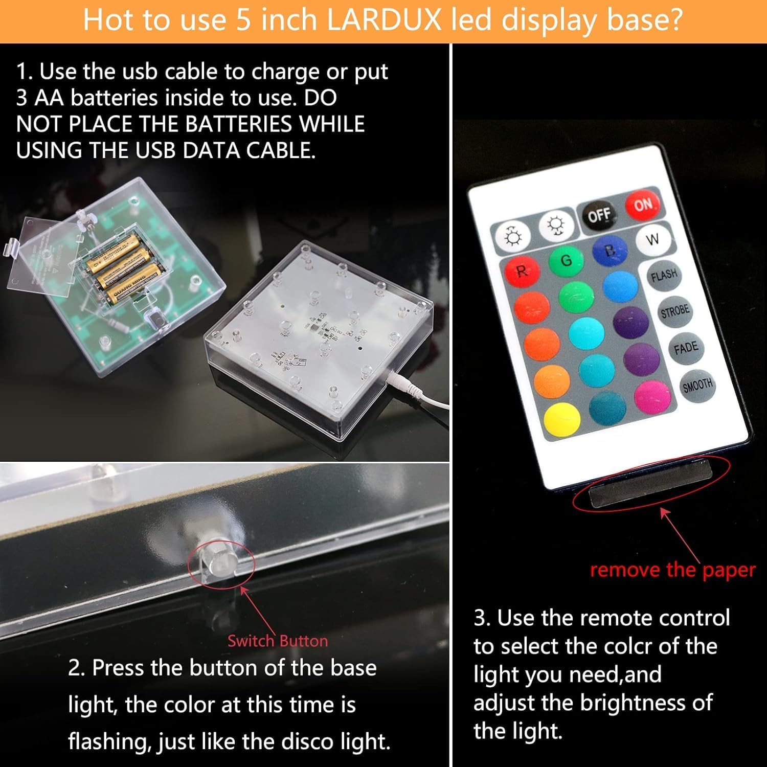 LARDUX Square LED Light Base with Remote 5 Inch
