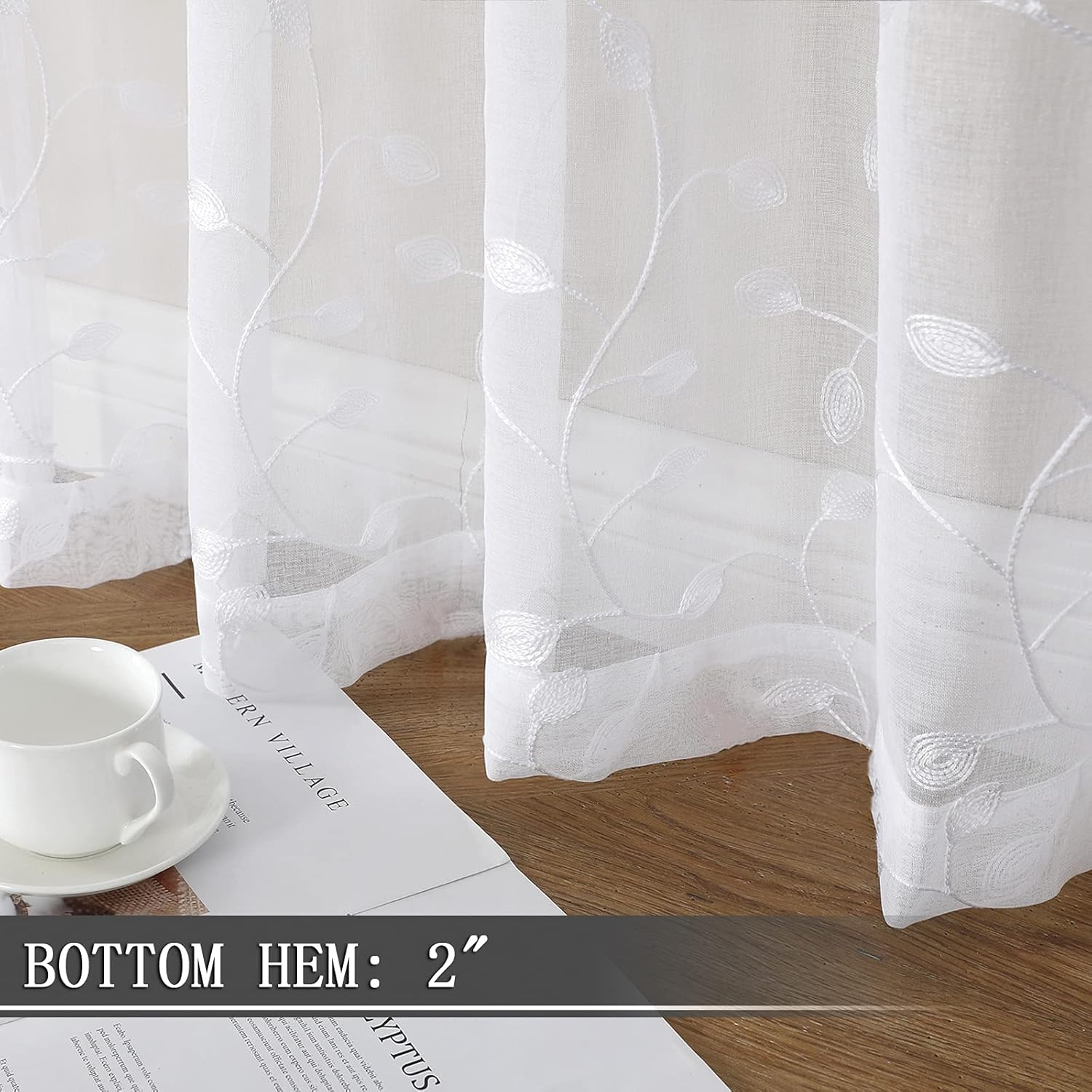 Tollpiz White Leaf Embroidered Sheer Curtains 30x24 Inches Set of 2