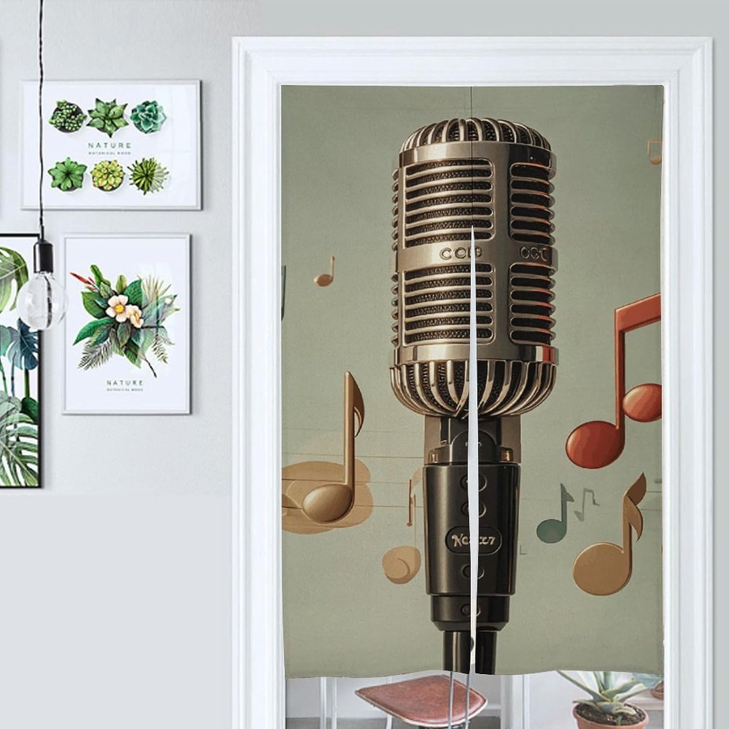 White Linen Door Curtain with Music Note Design 57x17 Inches