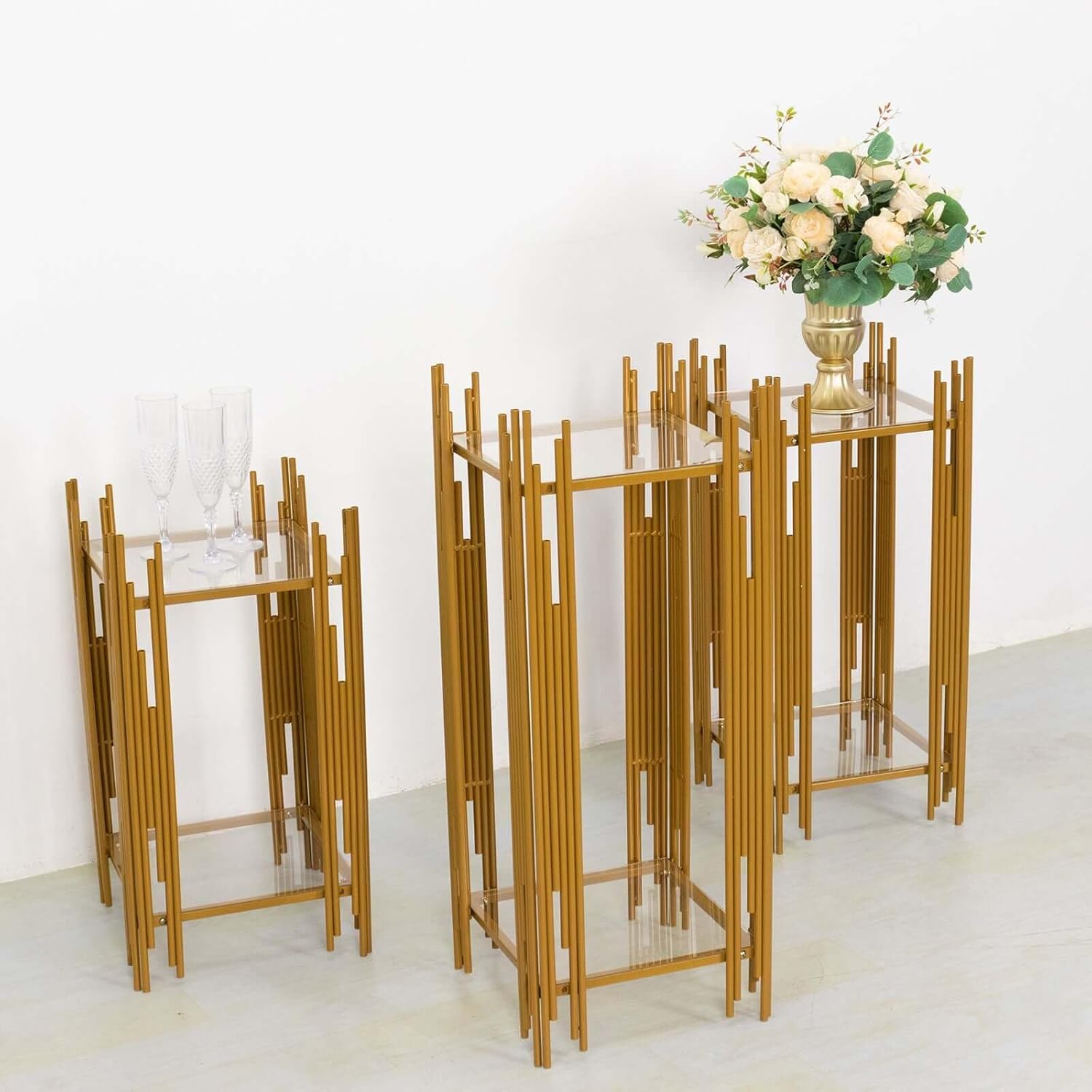 Tableclothsfactory Set of 3 Gold Metal Flower Display Stands