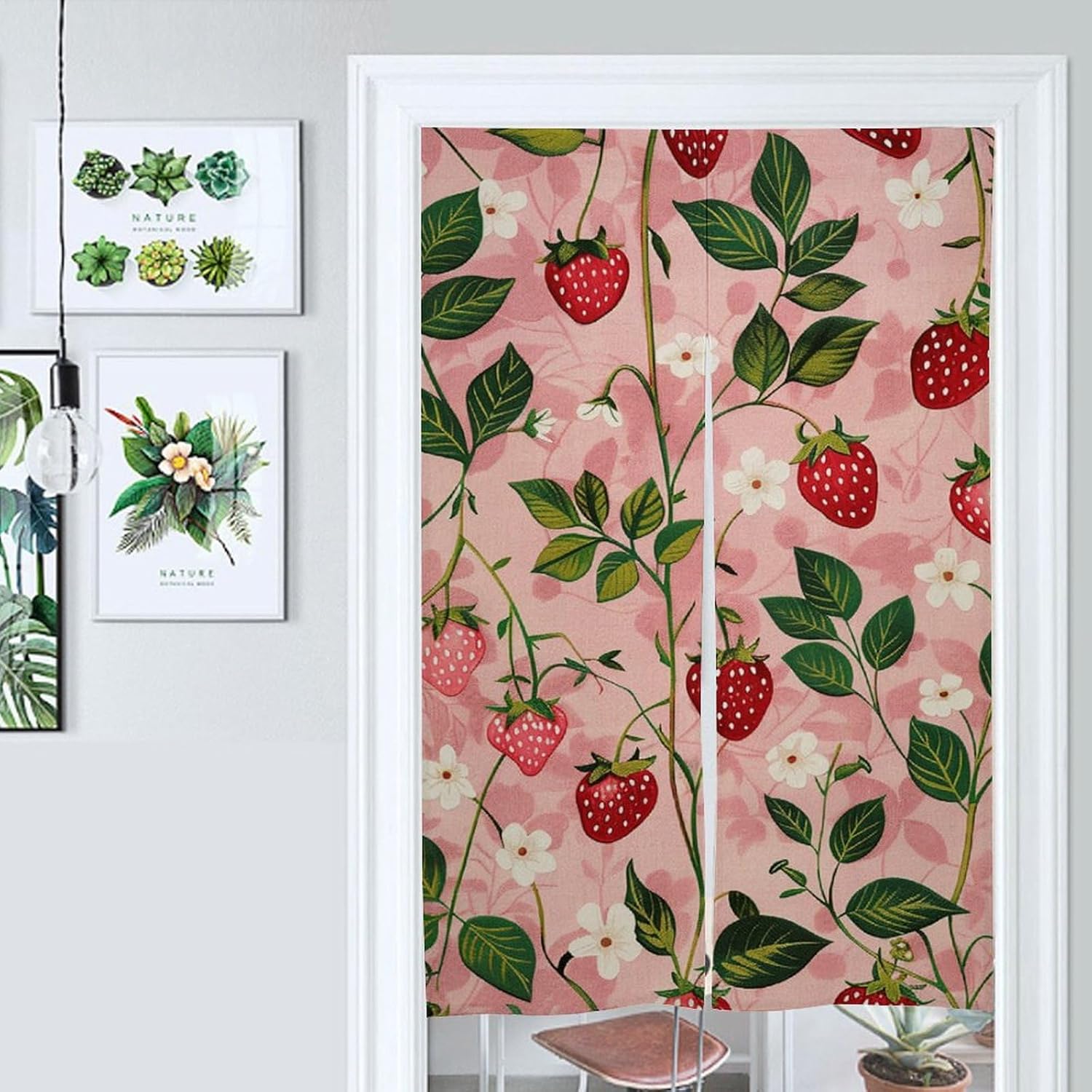 Peach Strawberry Print Split Door Curtain