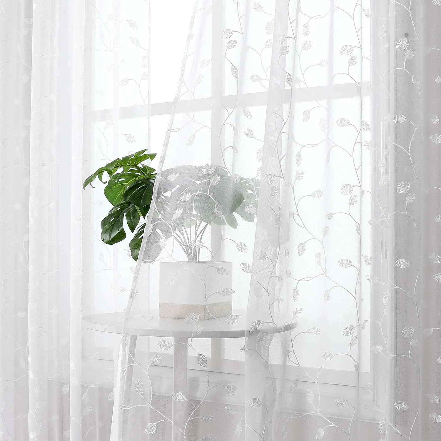 Tollpiz White Leaf Embroidered Sheer Curtains 30x24 Inches Set of 2