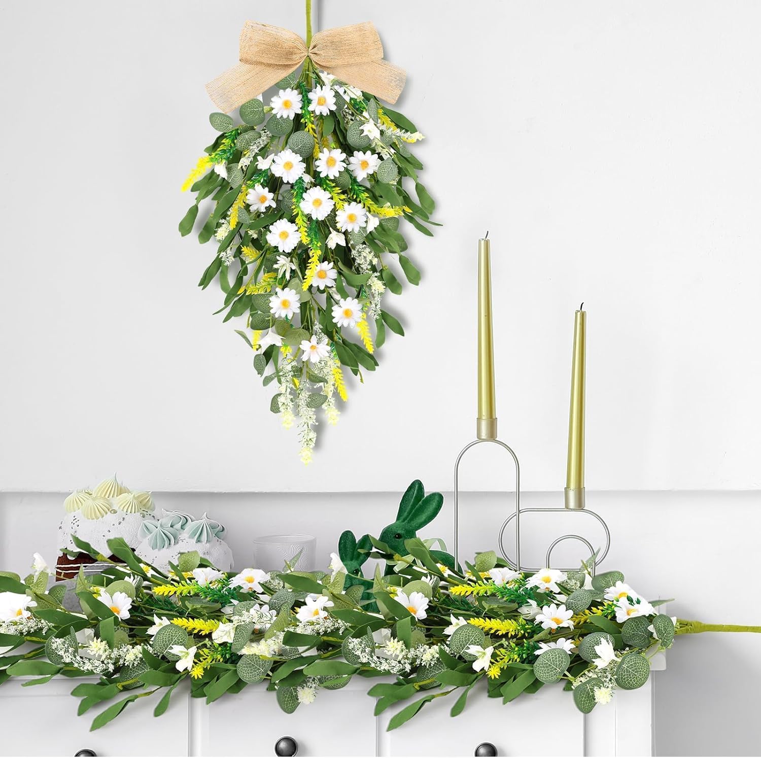2 Pcs 24 Inch Artificial White Daisy Teardrop Wreath Swag