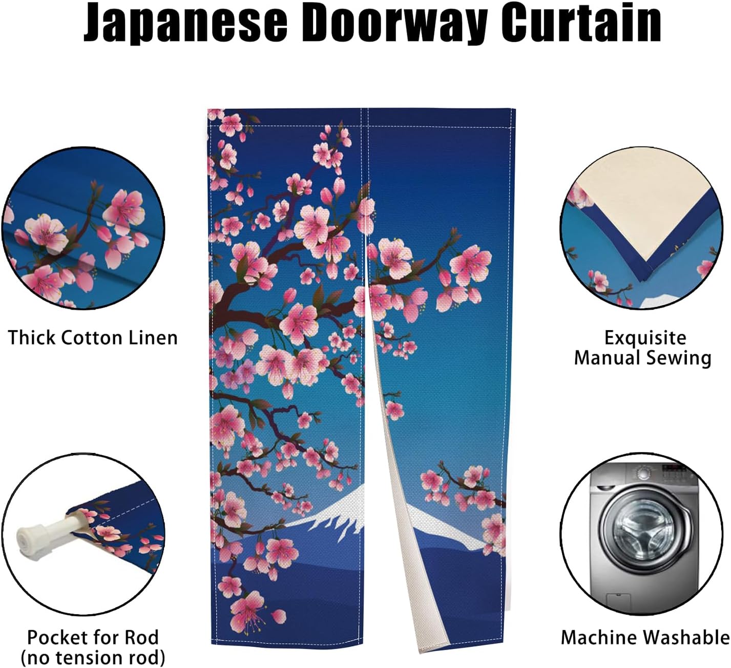 Japanese Door Curtain Noren with Cherry Sakura and Mount Fuji Design