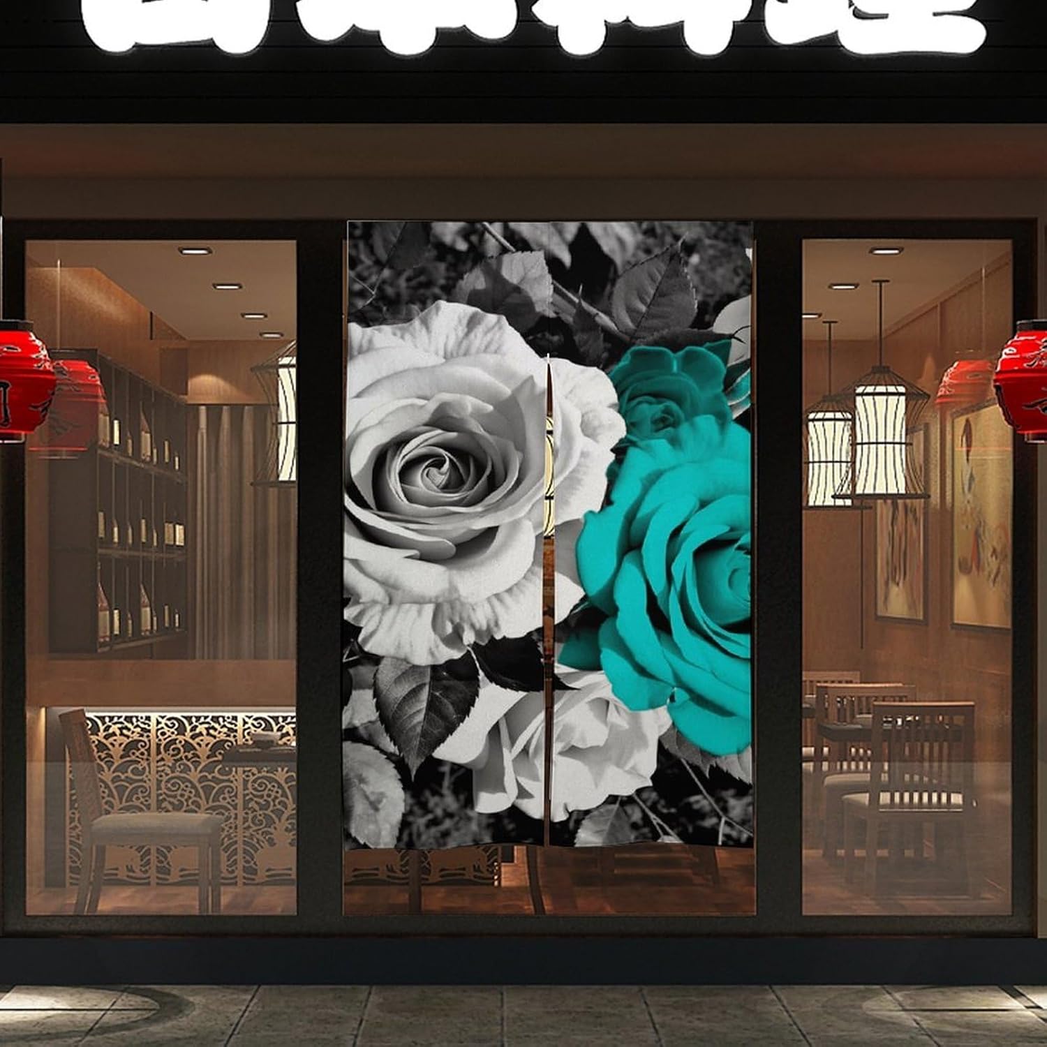 Black White Teal Gray Rose Flowers Door Curtain 57x17 Inches