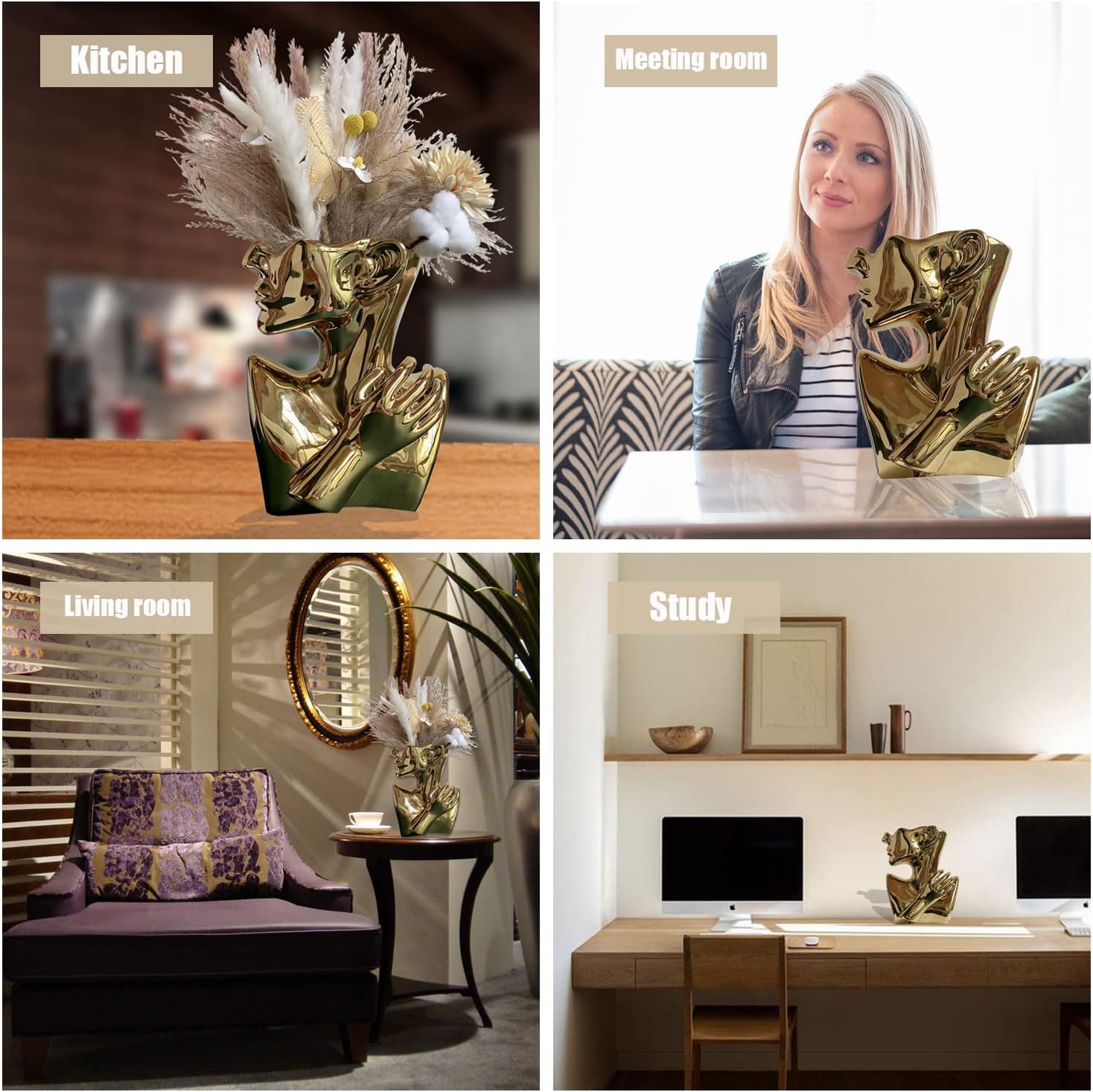 Funsoba Gold Ceramic Head Vase for Home Office Decor