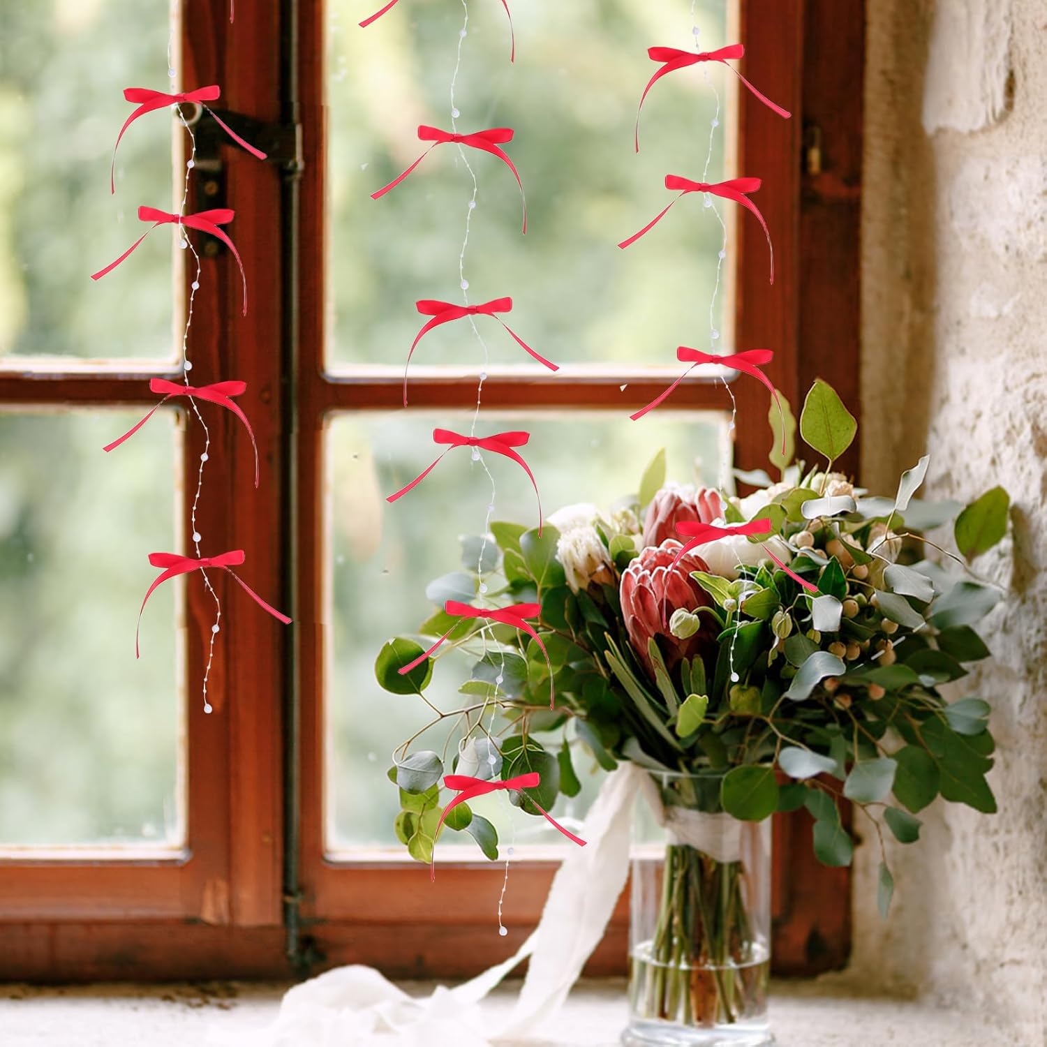 LOGOFUN Bow Bead String Curtain with Tassels Red