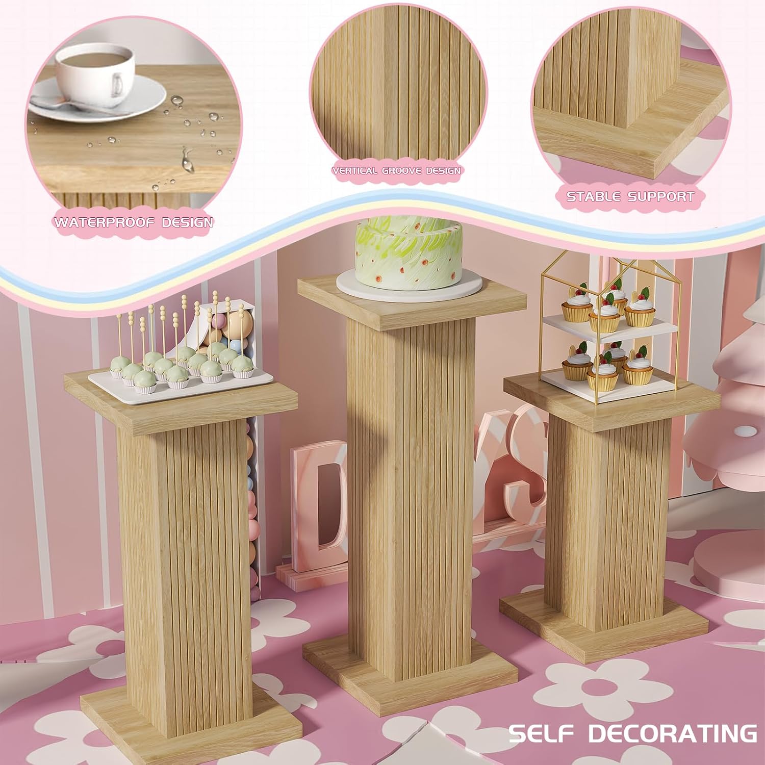 3Pcs Square Wood Pedestal Display Stand Set