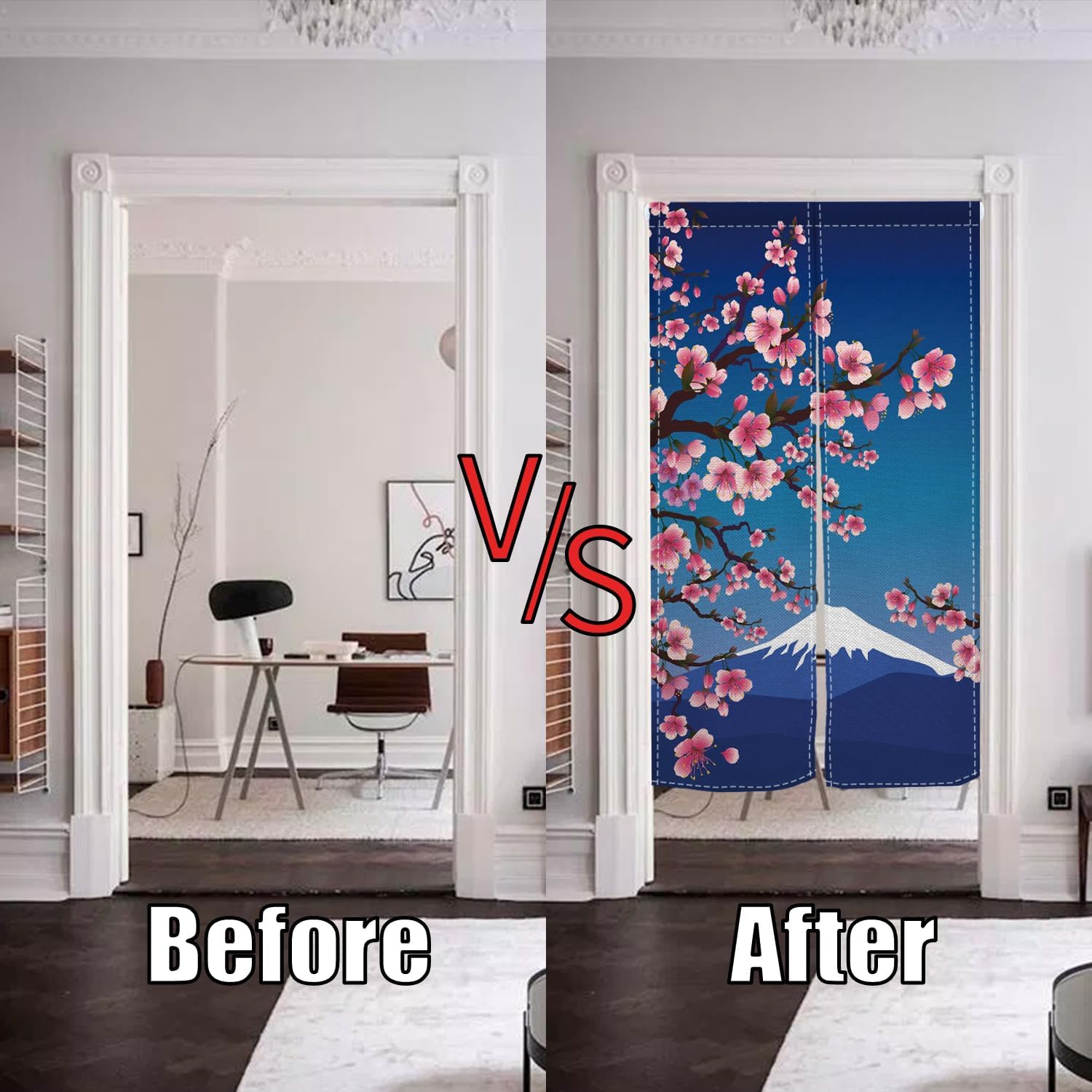 Japanese Door Curtain Noren with Cherry Sakura and Mount Fuji Design