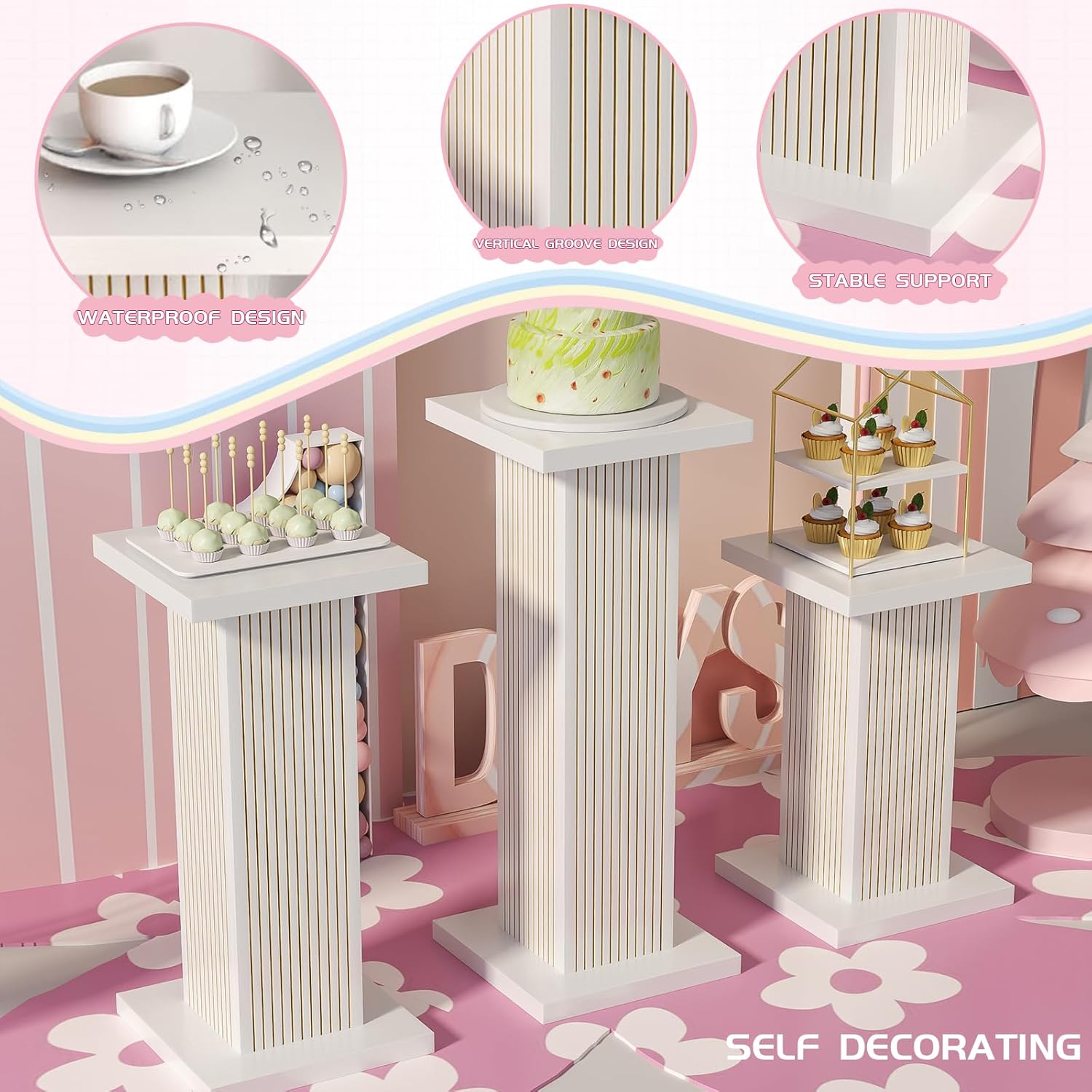 Fluted Panel Pedestal Stand Set 6Pcs White