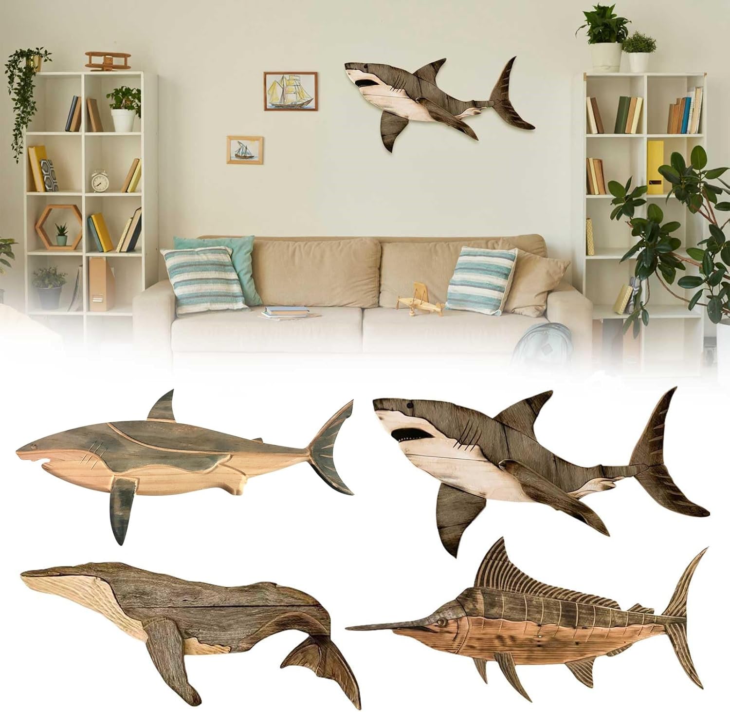 Wood Shark Wall Art Decor for Home Ocean Theme