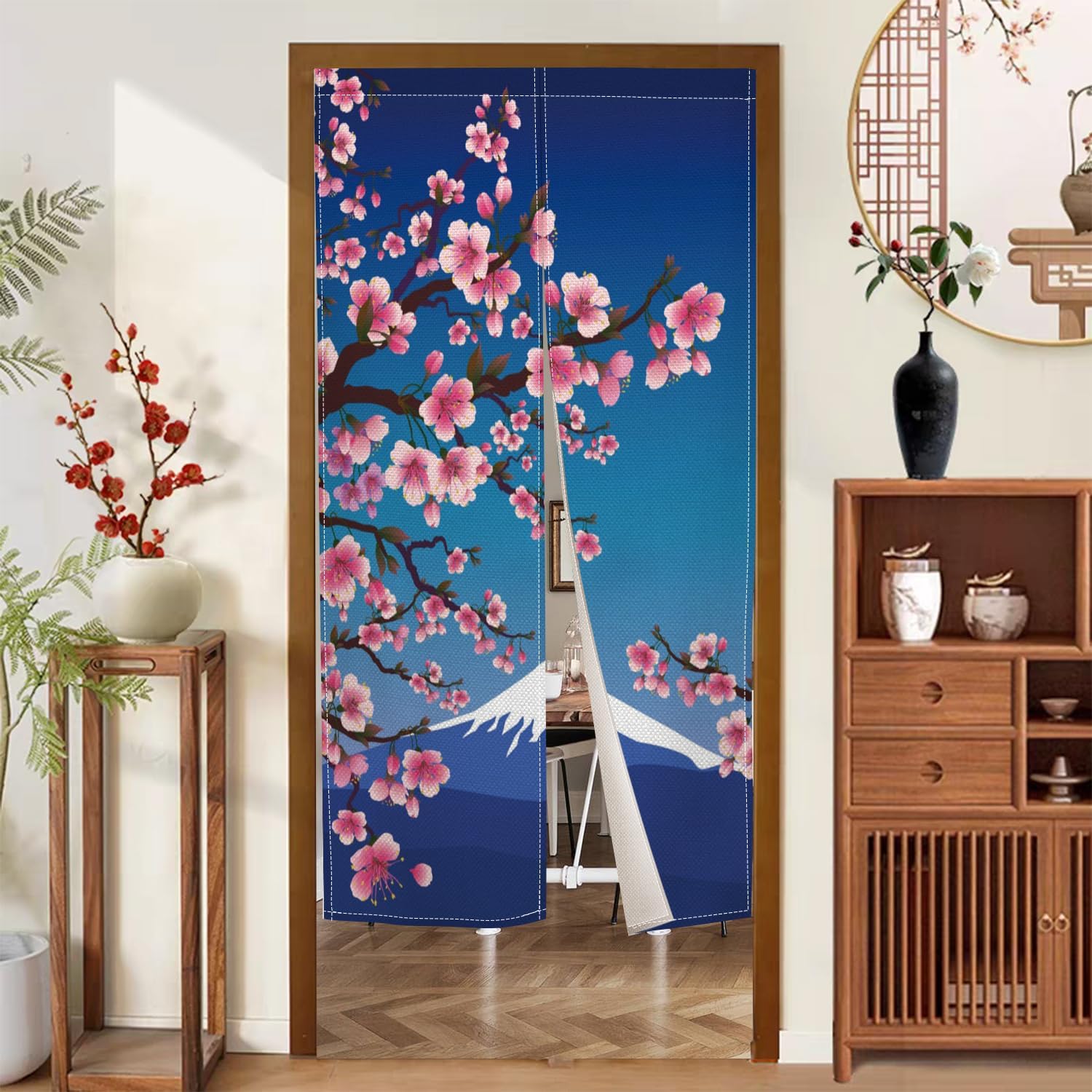 Japanese Door Curtain Noren with Cherry Sakura and Mount Fuji Design