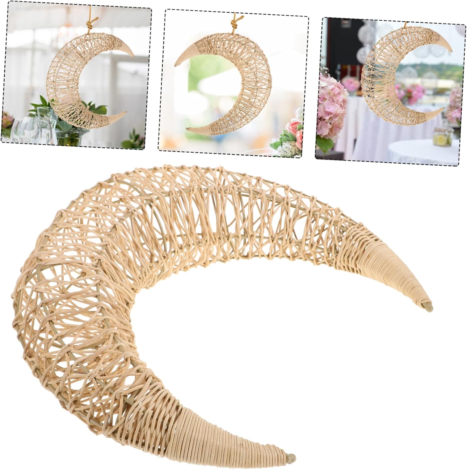 Mobestech Moon Shaped Rattan Hanging Decor Wreath Frame