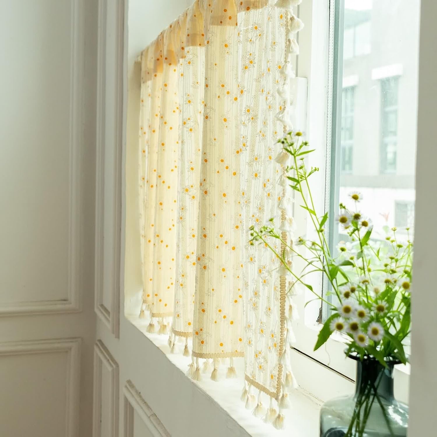 Dsnyu Small Curtains 24 Inch Beige Yellow Cotton Rod Pocket Panel