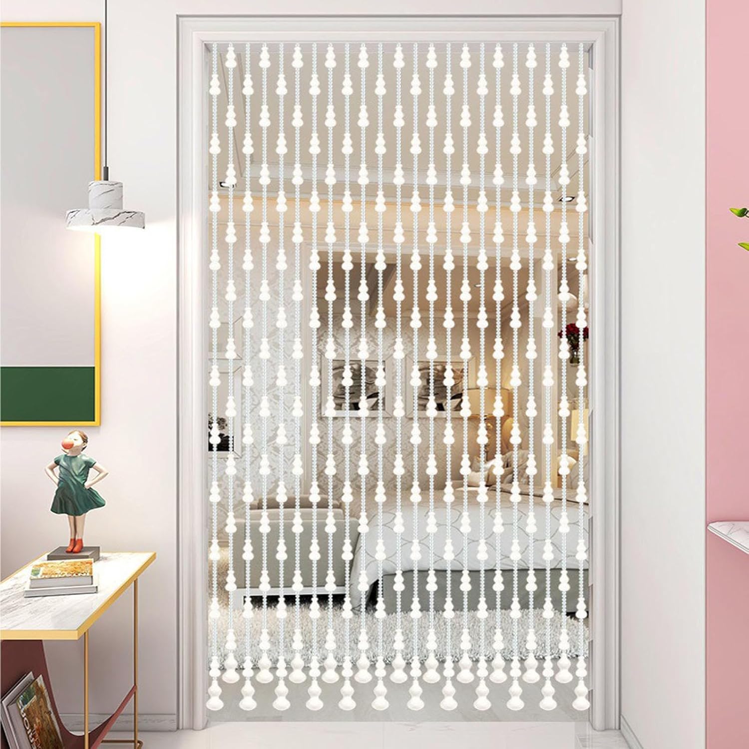 White Wood Beaded Door Curtain 41 Strands 135x225cm