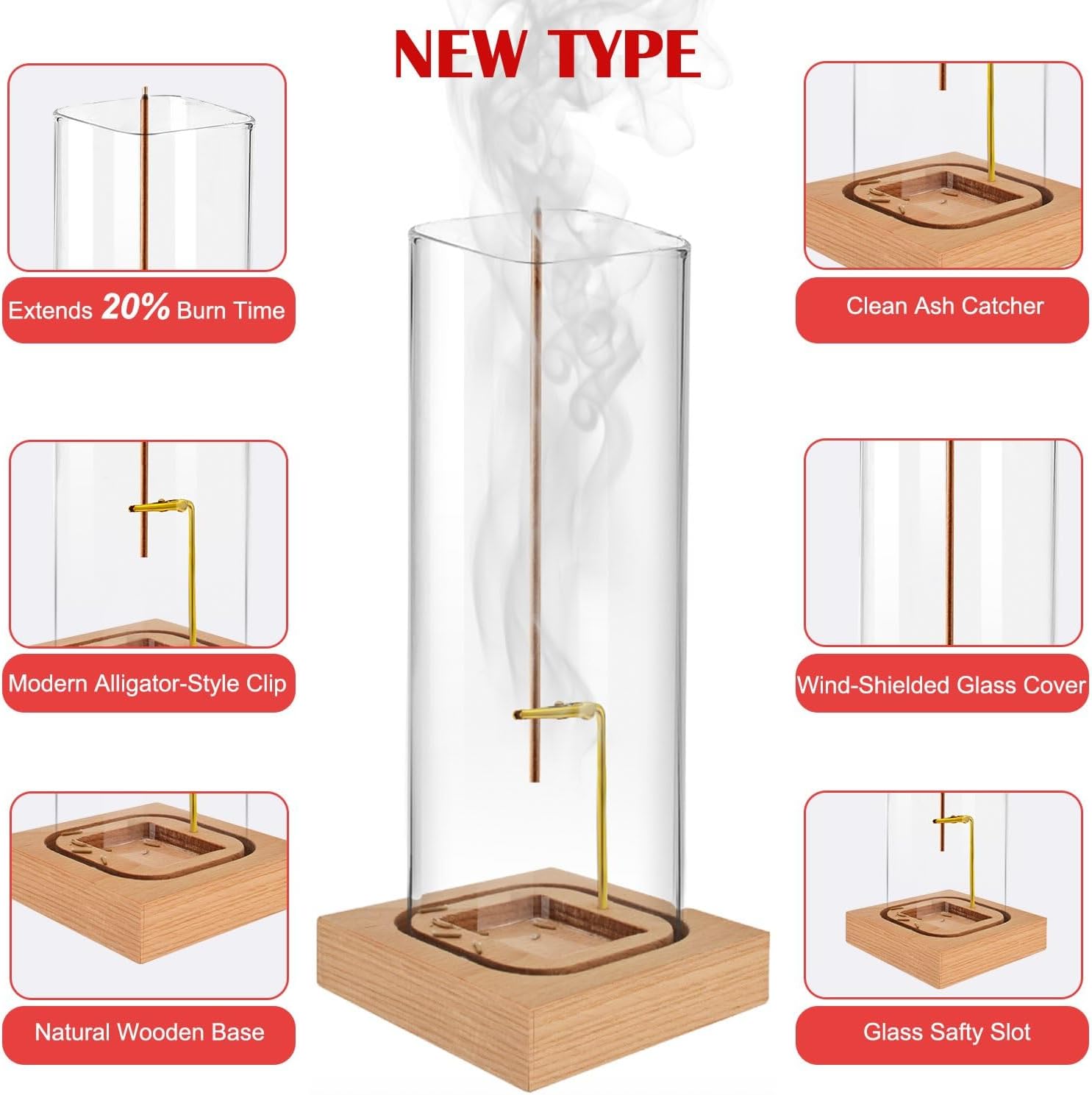 Incense Holder for Sticks with Natural Wood Base and Ash-Catcher Glass