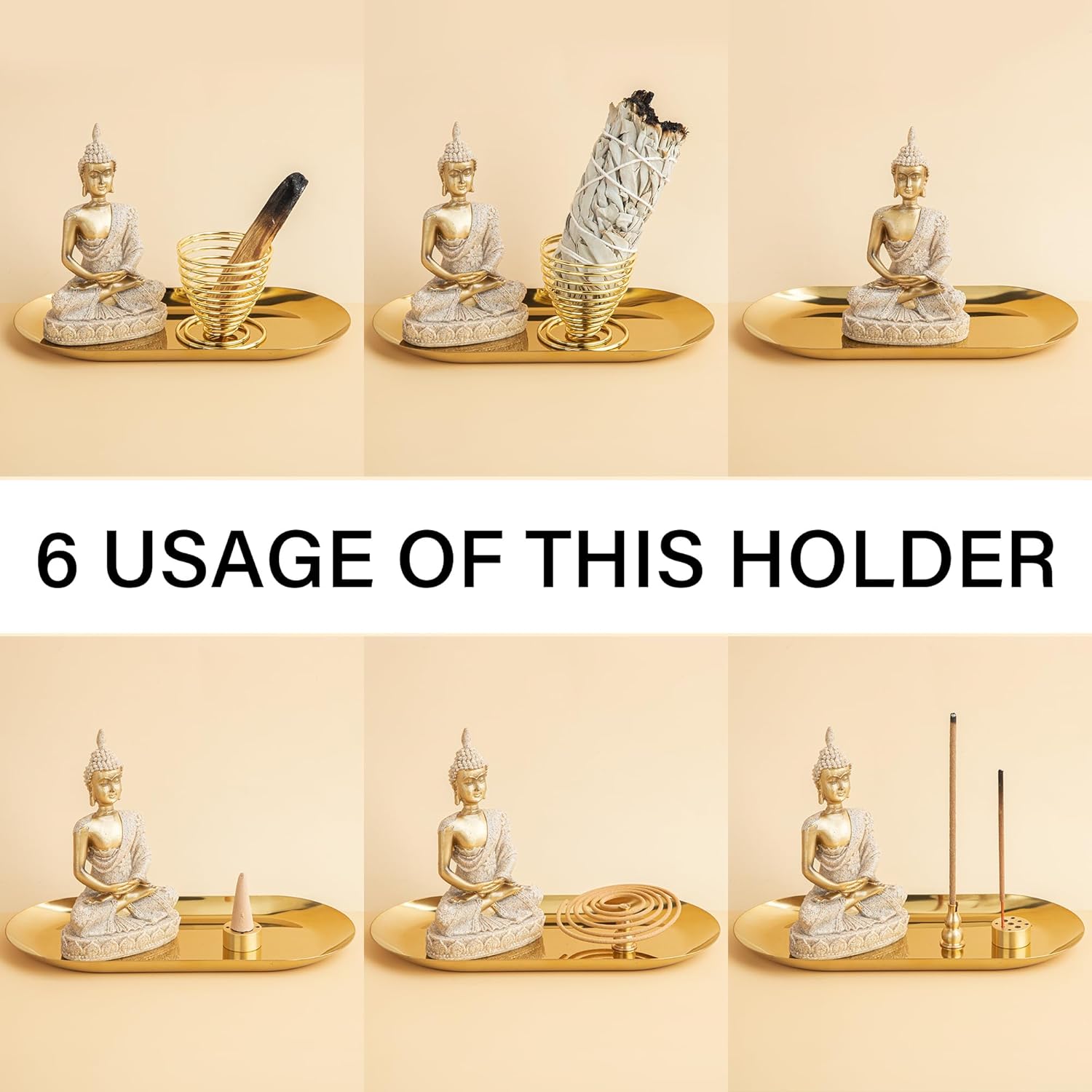 ZenBless 6 In 1 Incense Holder - Gold Oval Ash Catcher