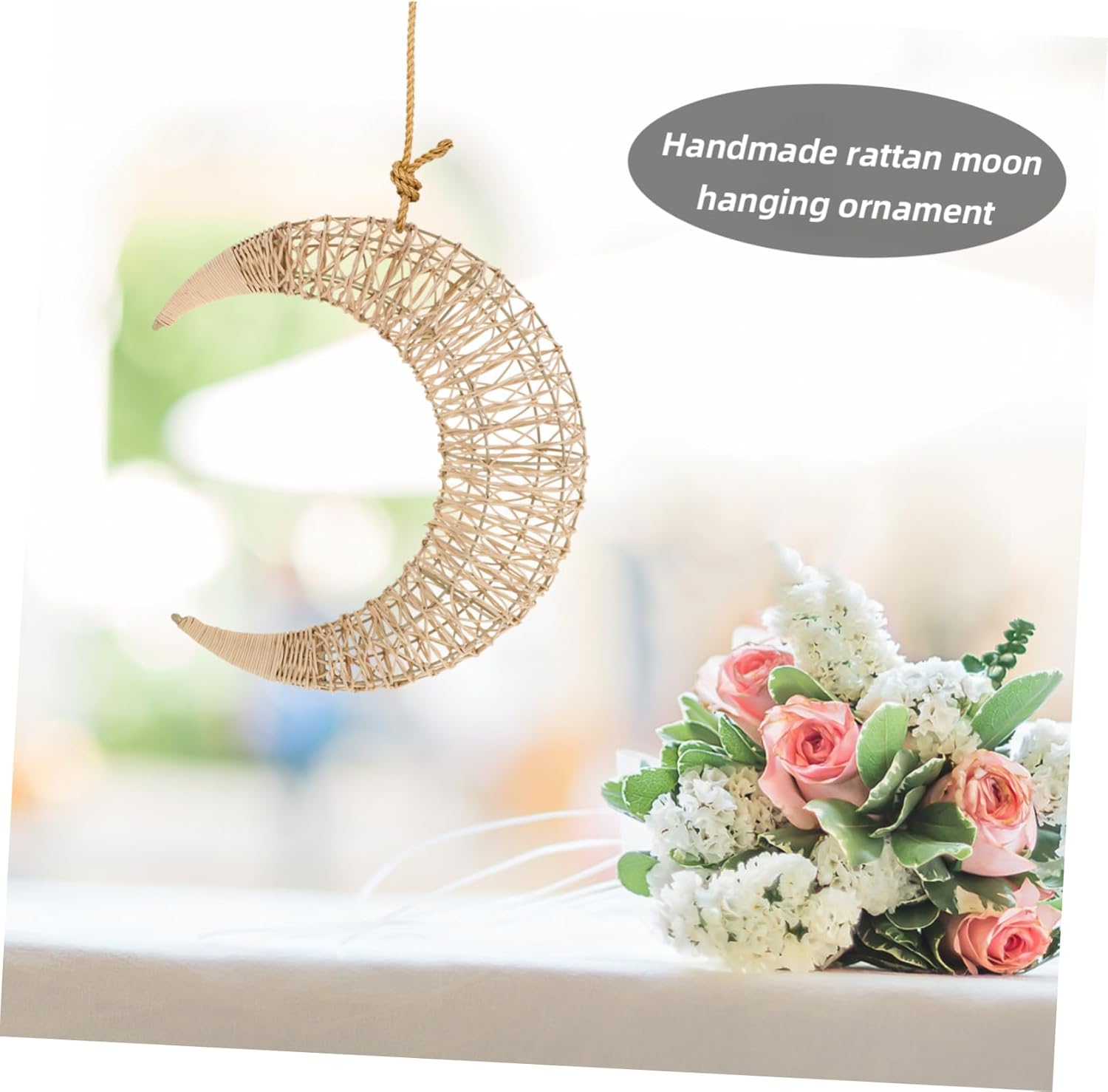 Mobestech Moon Shaped Rattan Hanging Decor Wreath Frame