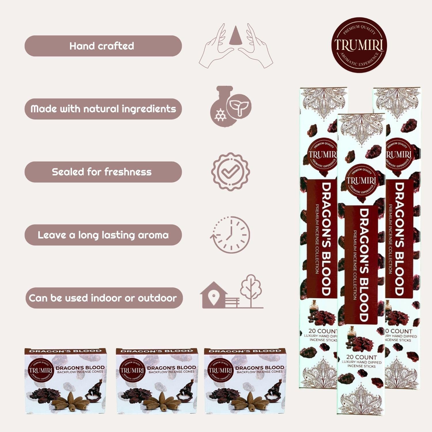 Dragons Blood Incense Sticks and Backflow Cones Combo Pack - 60 Sticks 30 Cones