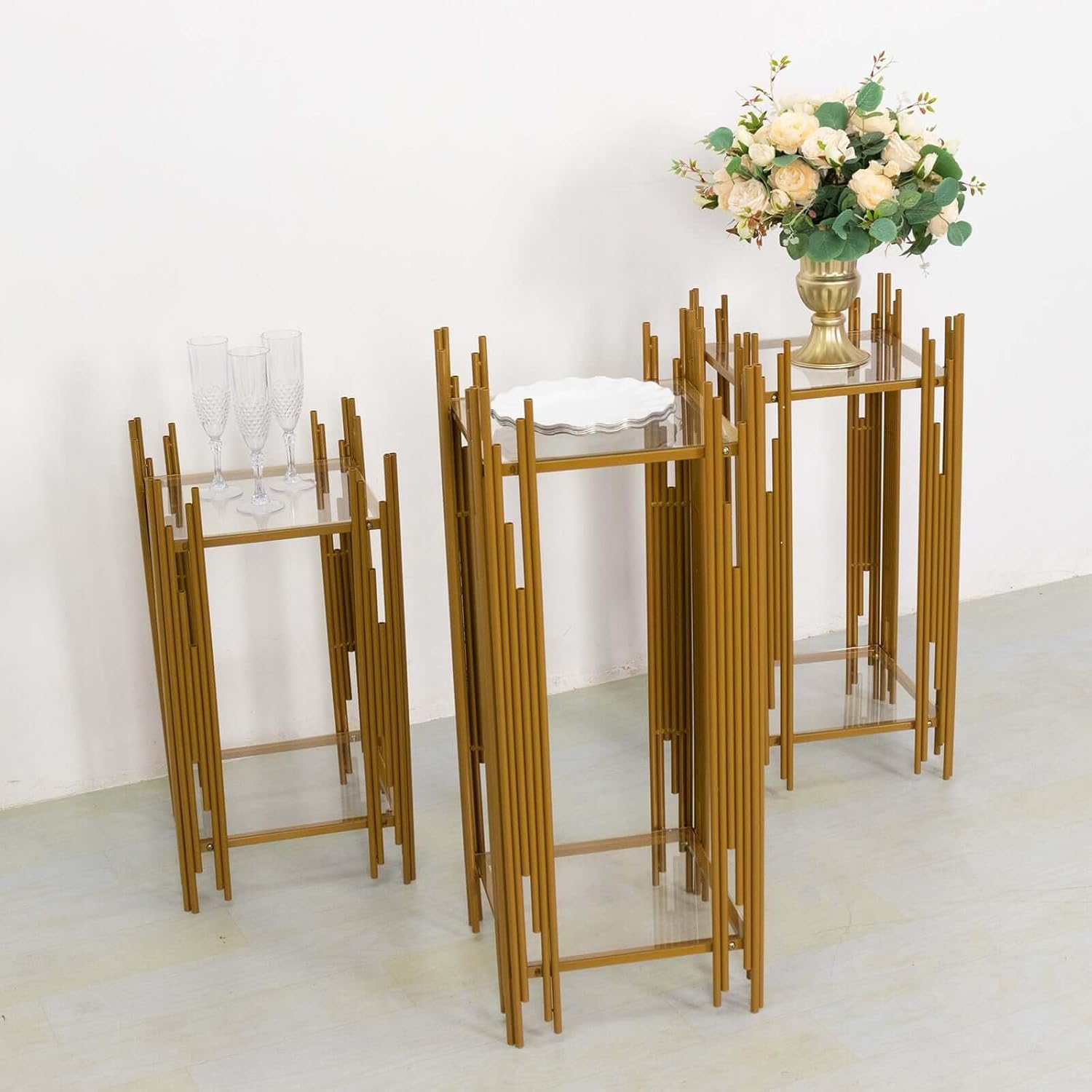 Tableclothsfactory Set of 3 Gold Metal Flower Display Stands