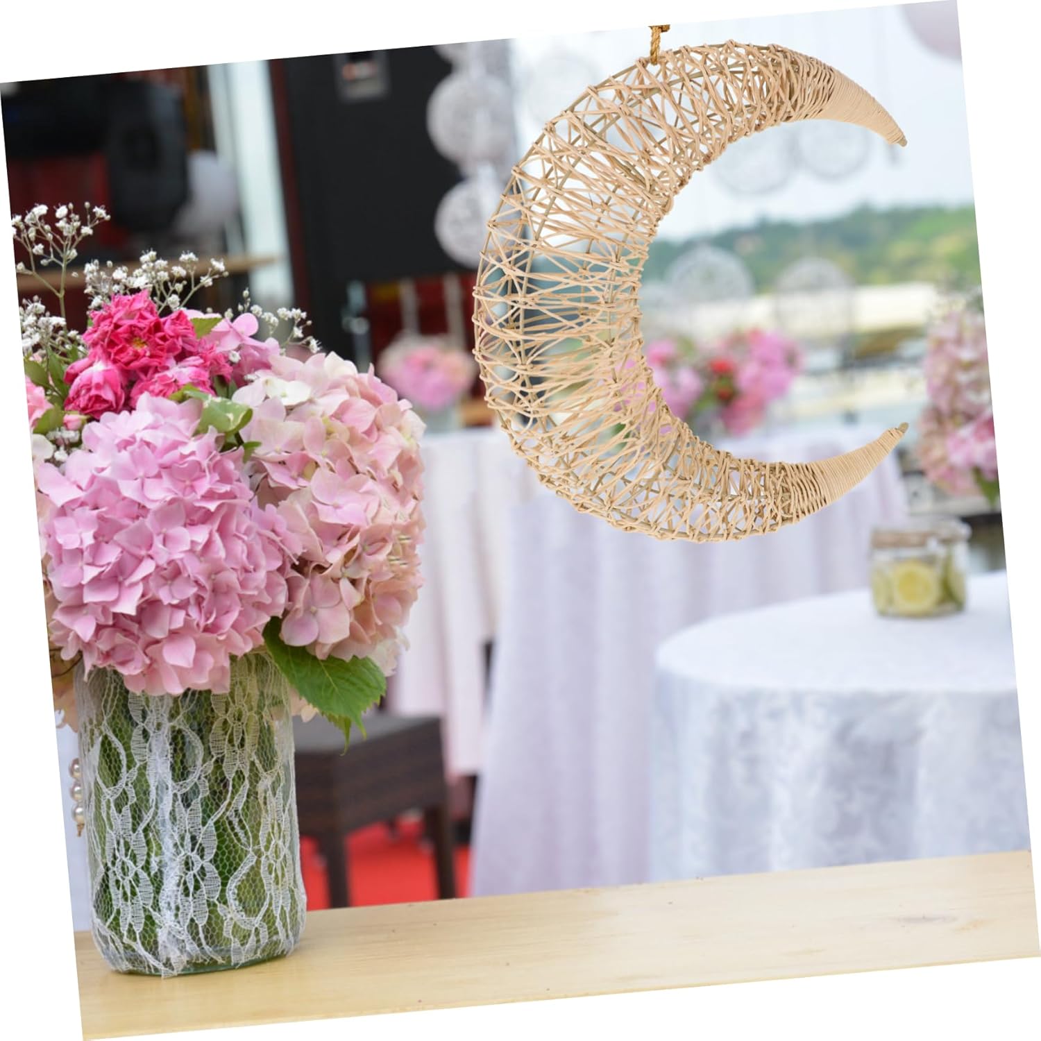 Mobestech Moon Shaped Rattan Hanging Decor Wreath Frame