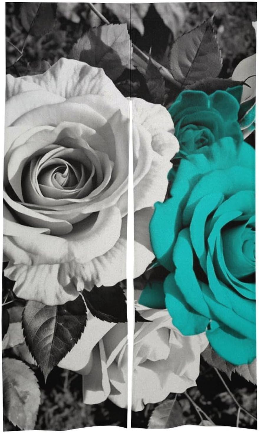 Black White Teal Gray Rose Flowers Door Curtain 57x17 Inches