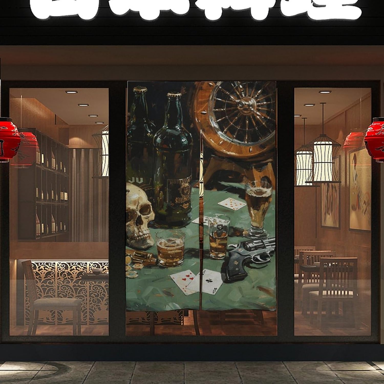 Pistol and Cards Door Curtain 17x57 Inch Split Privacy Partition