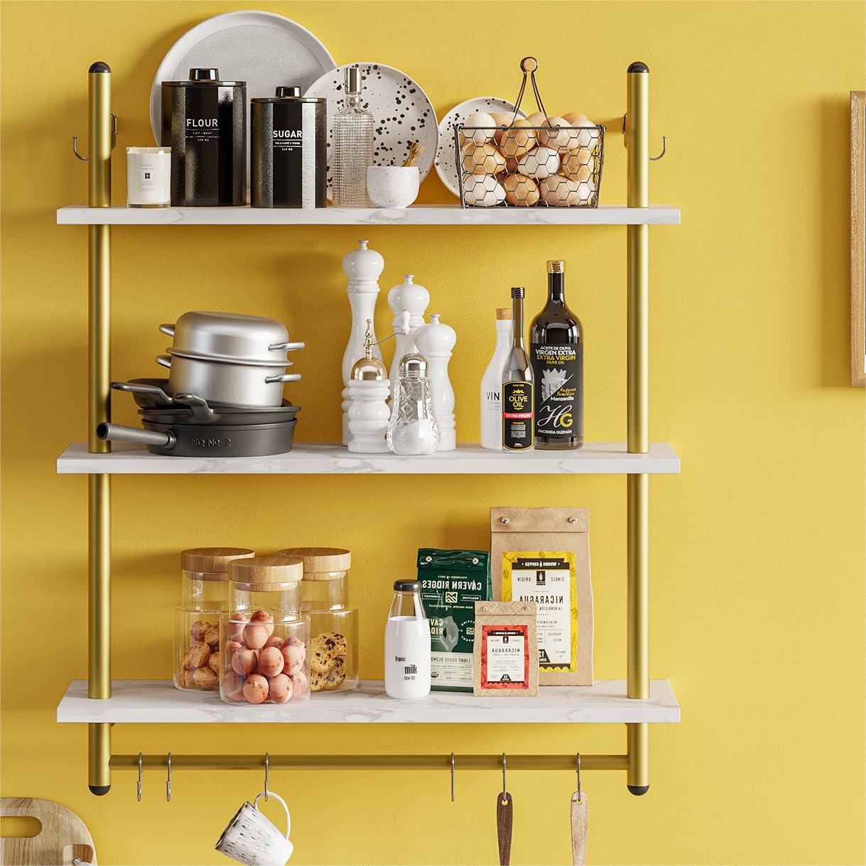 Bestier 31 Inch 3 Tier Floating Wall Shelf with 8 Hooks