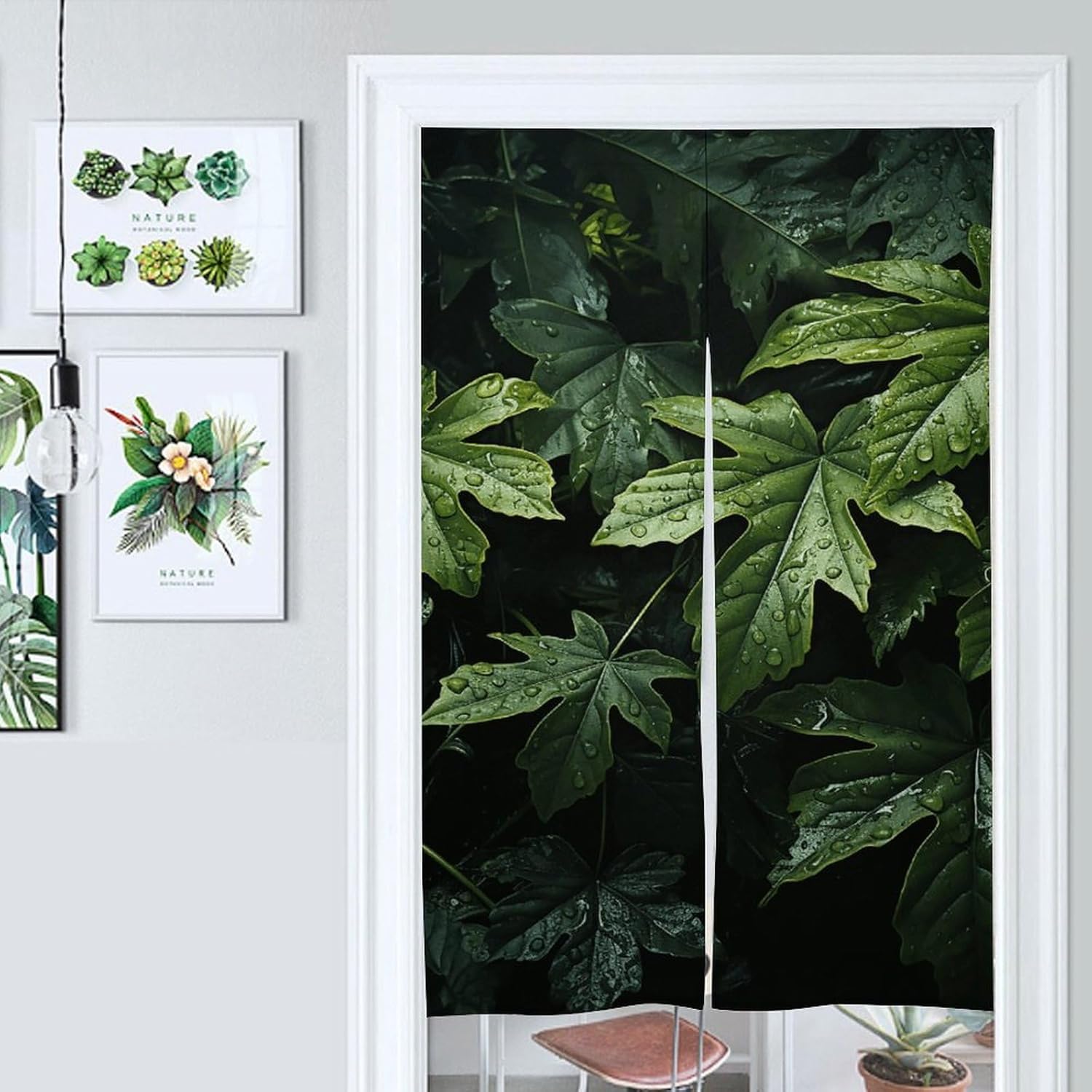 Green Leaves Pattern Door Cover Curtain 57x17 Inches