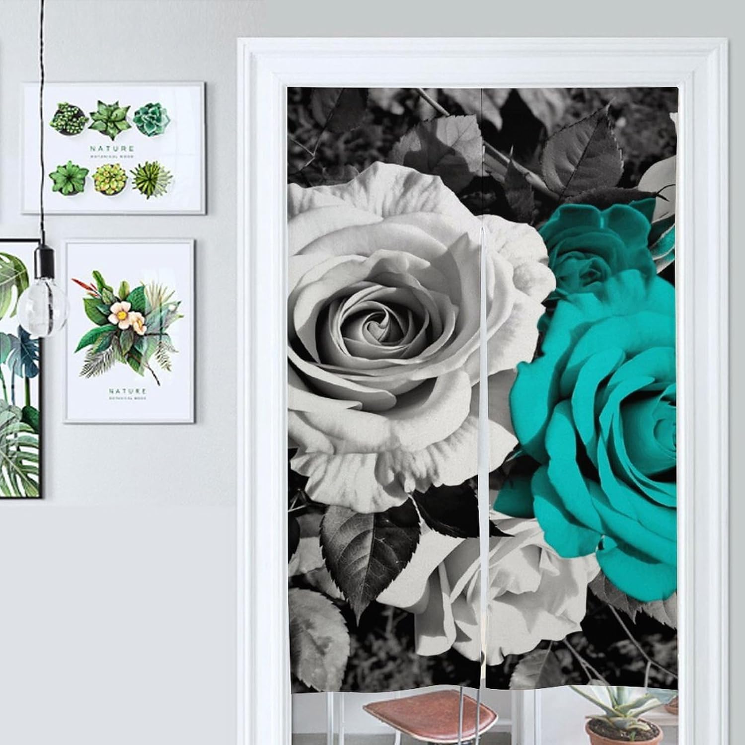 Black White Teal Gray Rose Flowers Door Curtain 57x17 Inches