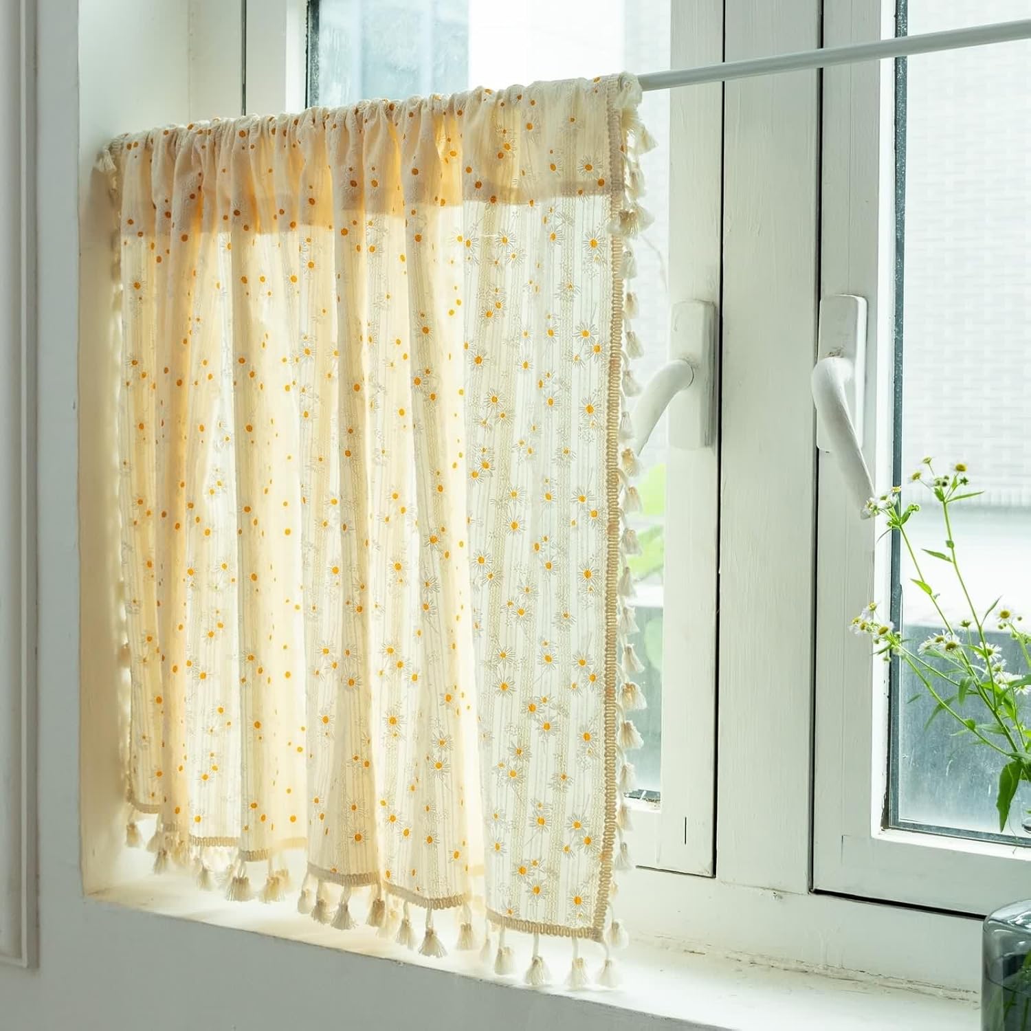 Dsnyu Small Curtains 24 Inch Beige Yellow Cotton Rod Pocket Panel