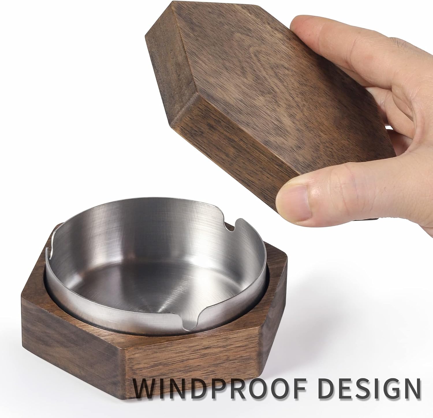 Hexagonal Wooden Ashtray with Stainless Steel Liner Gray