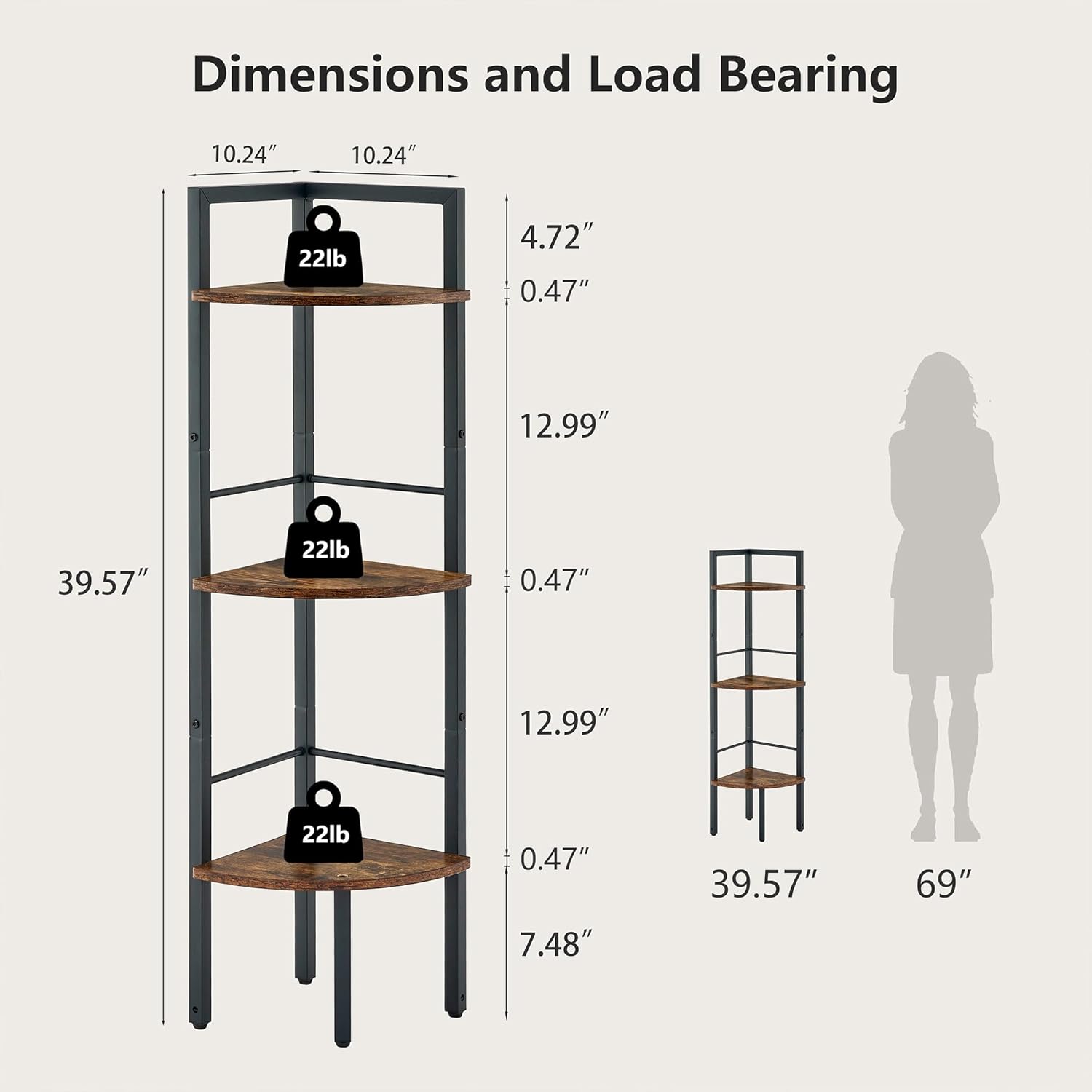 Tajsoon 3 Tier Corner Shelf Stand Industrial Rustic Brown