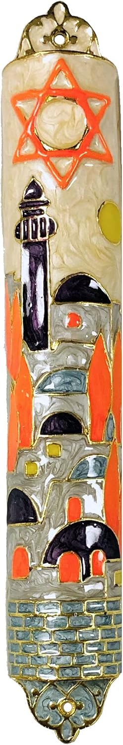 J B Judaica Enameled Mezuzah Holder 12cm Scroll