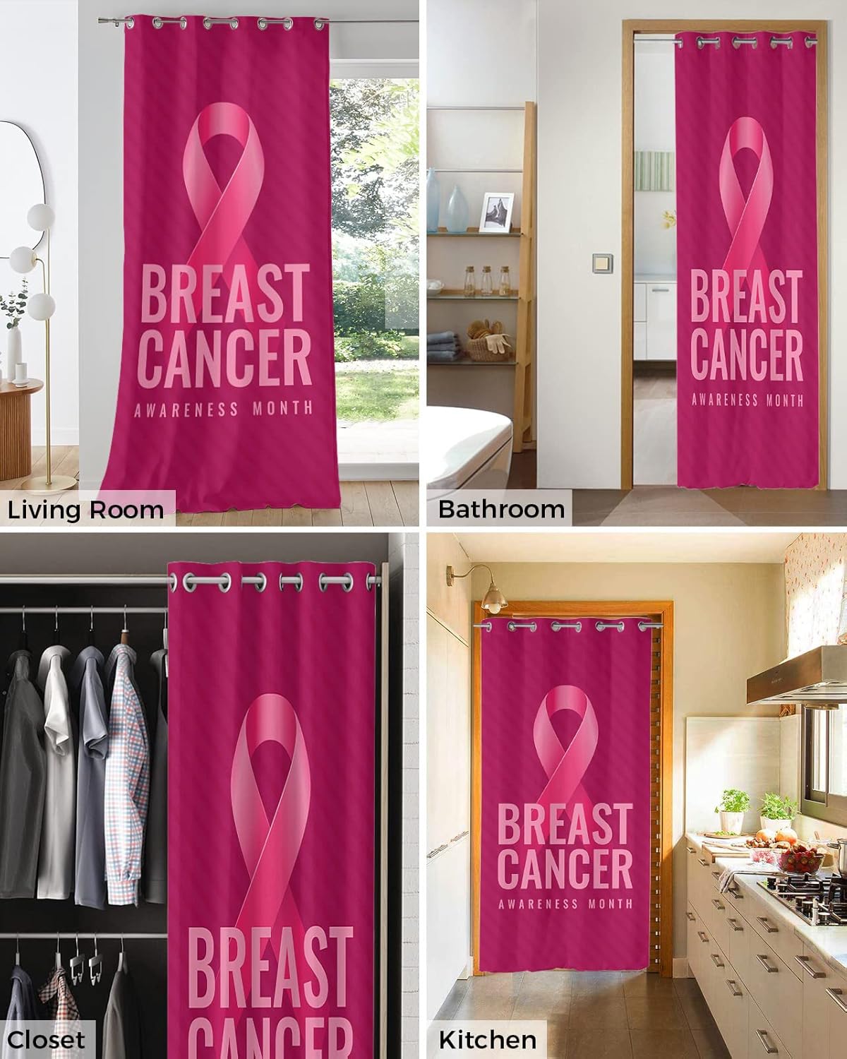 Breast Cancer Awareness Door Curtain with Pink String - 42x84 Inch Blackout Panels