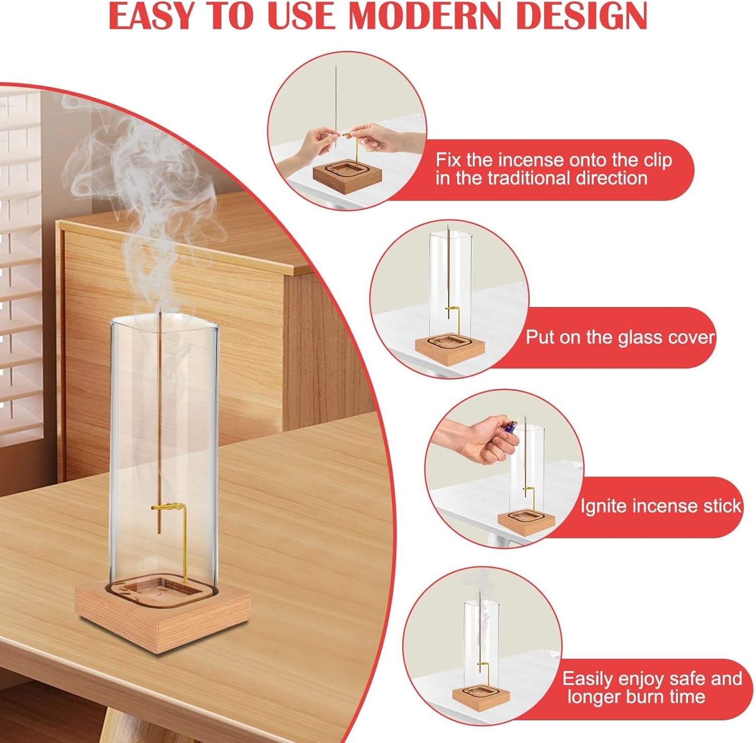Incense Holder for Sticks with Natural Wood Base and Ash-Catcher Glass