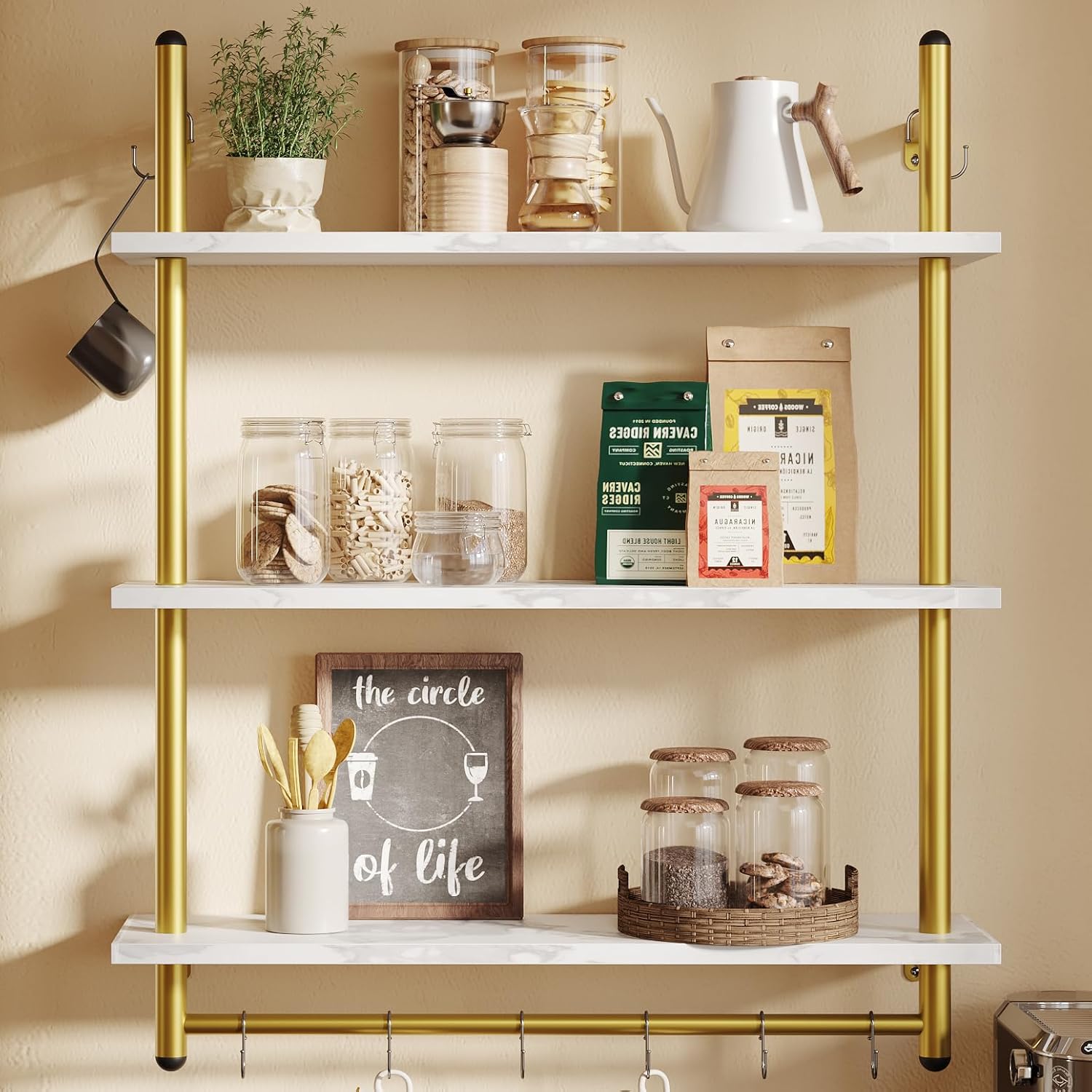 Bestier 31 Inch 3 Tier Floating Wall Shelf with 8 Hooks