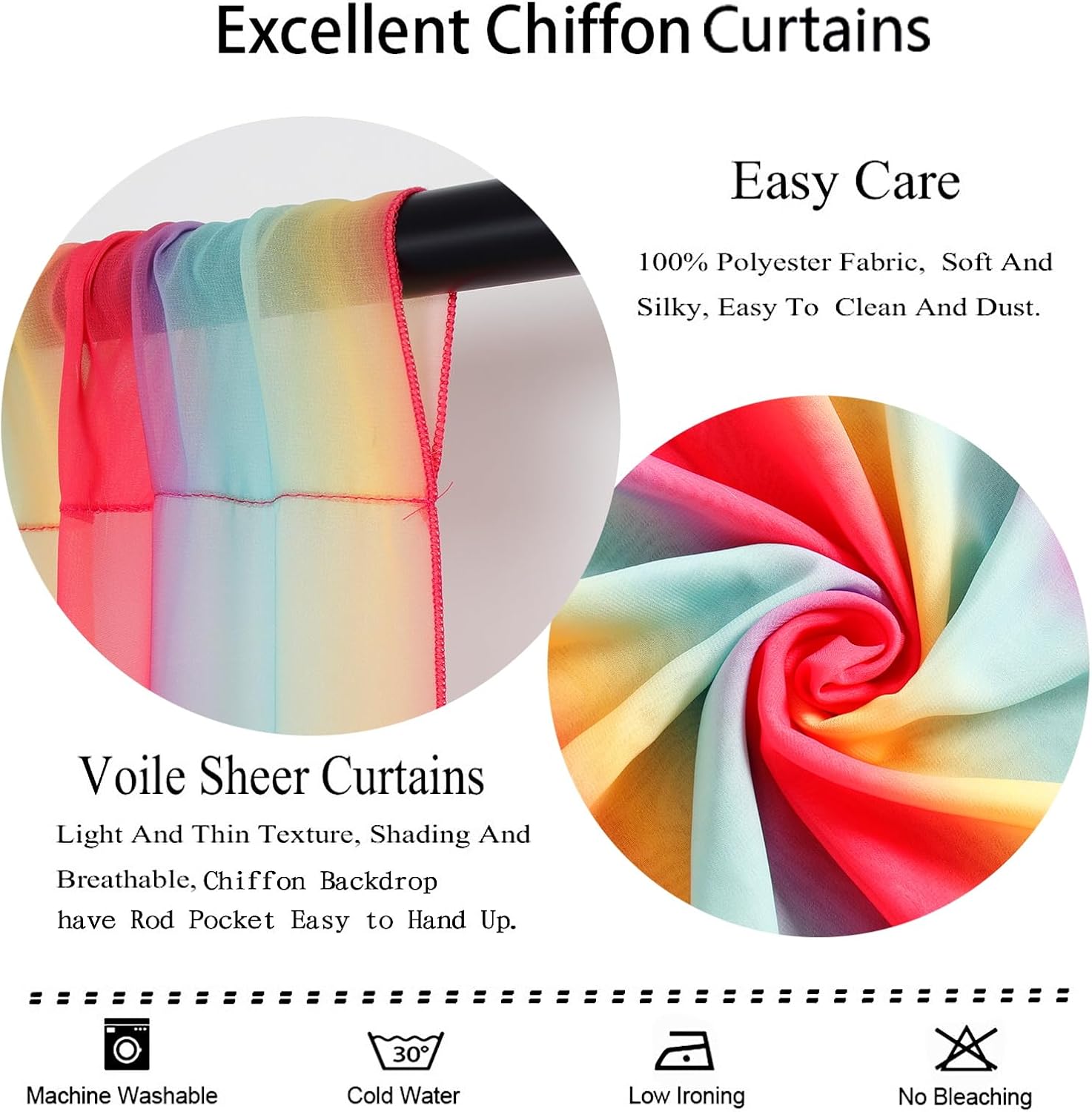 Duoobao Rainbow Sheer Chiffon Curtains - 10x10ft 2 Panels