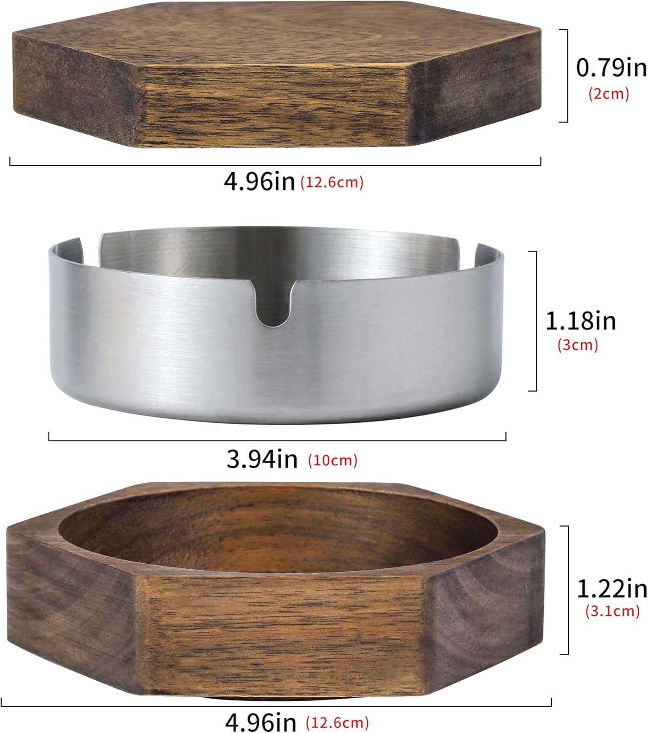 Hexagonal Wooden Ashtray with Stainless Steel Liner Gray