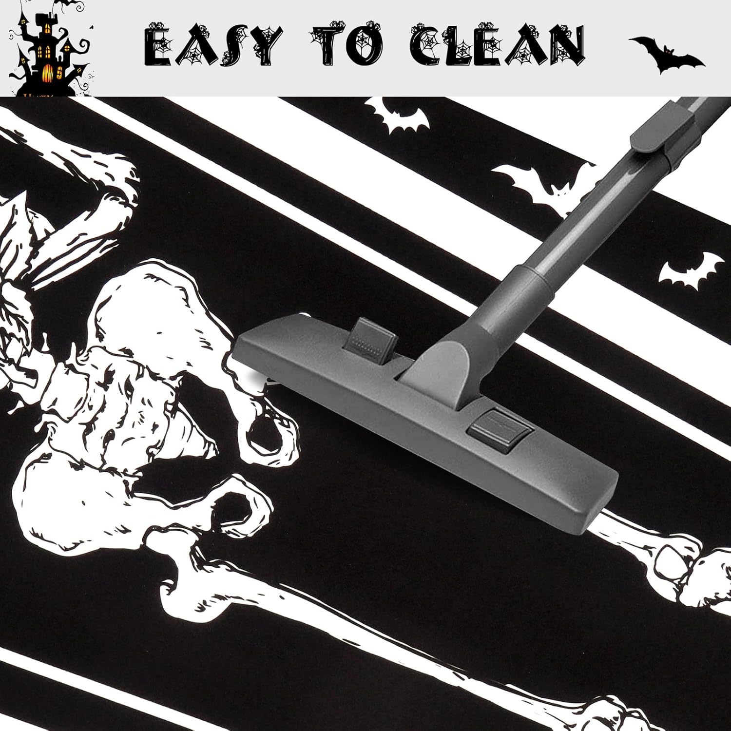 Halloween Coffin Skeleton Bat Runner Rug - Black Non-Slip Washable