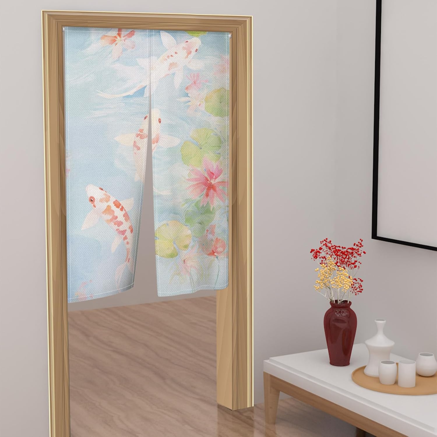 Japanese Noren Door Curtain with Lotus and Koi Fish Design