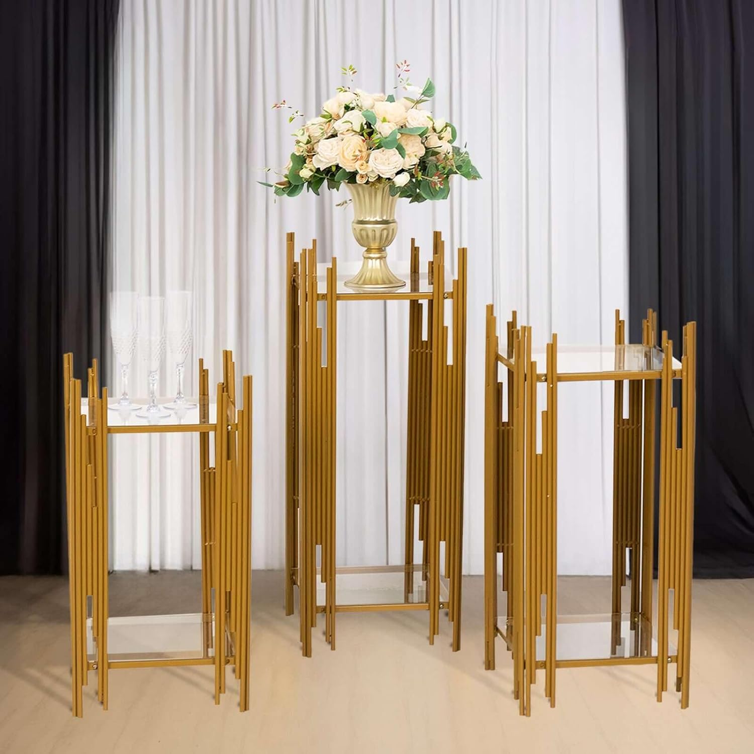 Tableclothsfactory Set of 3 Gold Metal Flower Display Stands